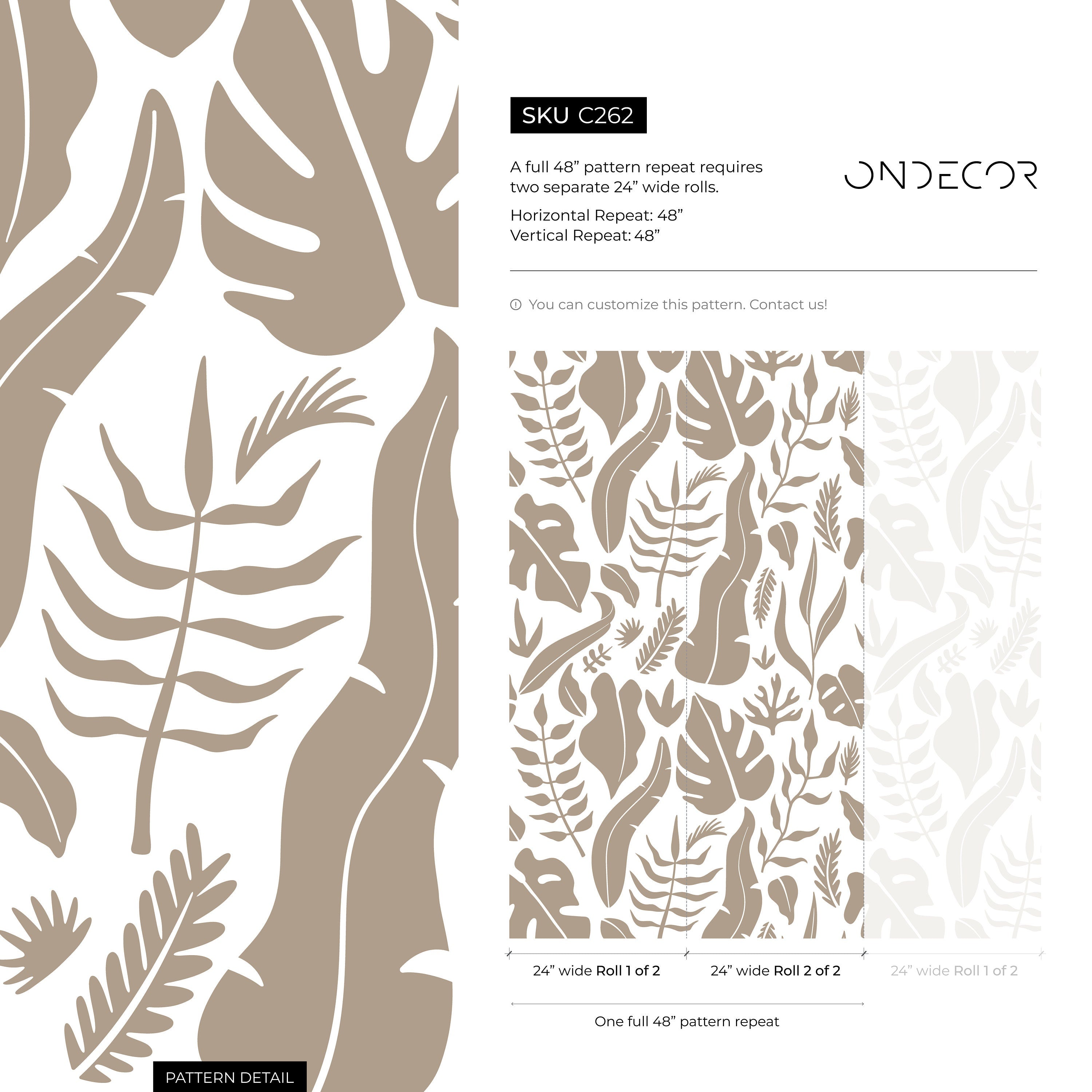 Botanical Wallpaper With Stylized Tropical Leaves In Taupe - C262