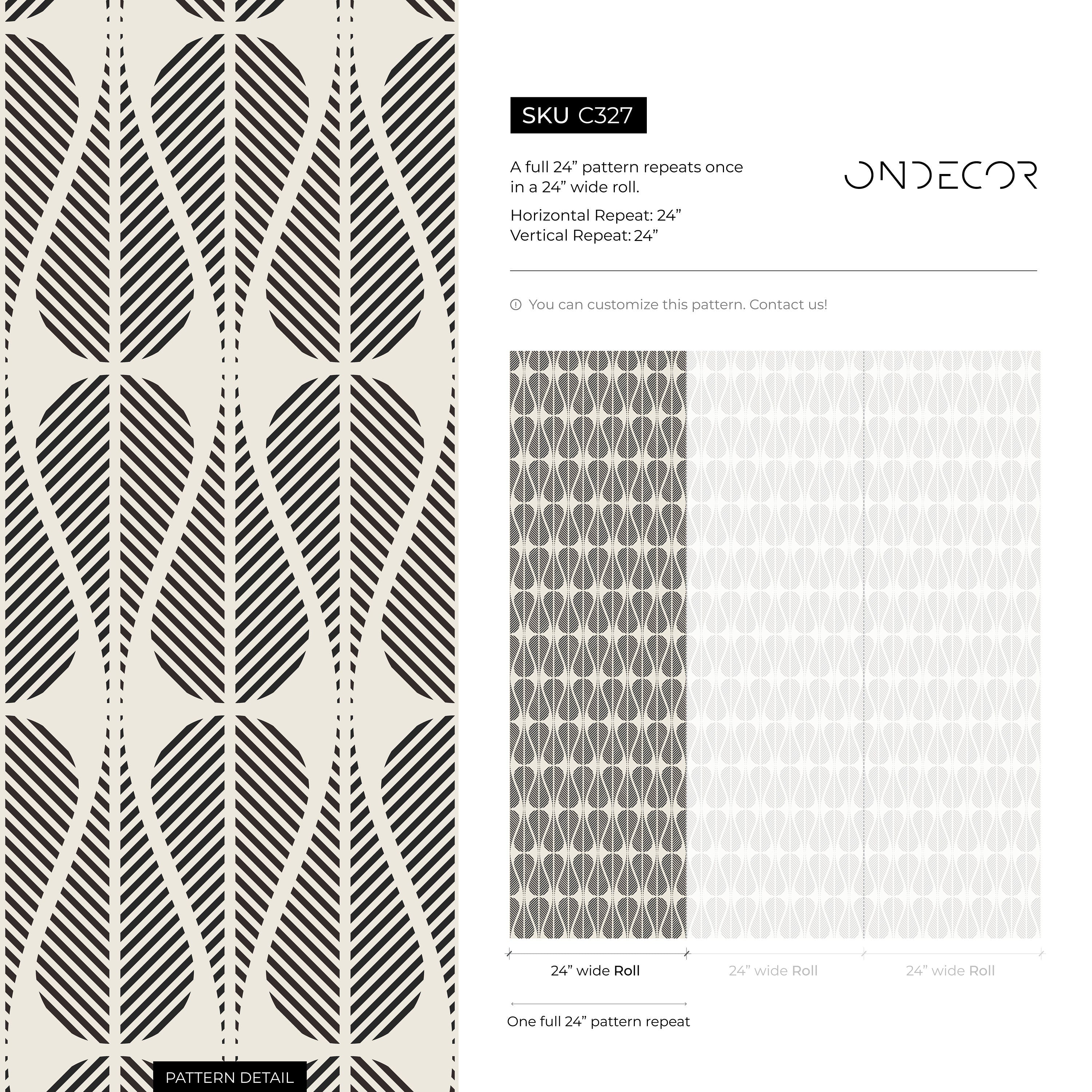 Geometric Wallpaper With A Stylized Leaf Motif In Black And Off-white - C327