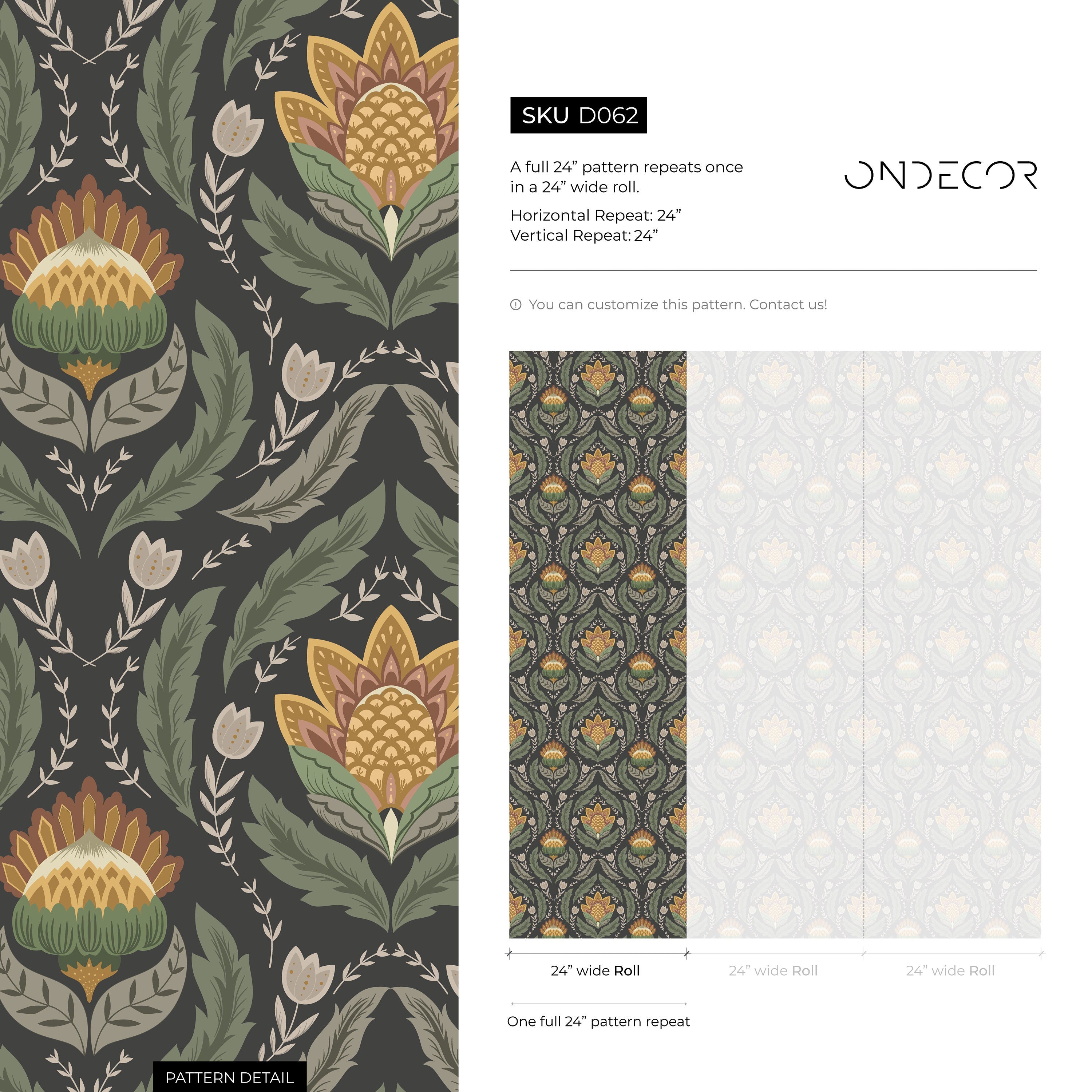 Floral Wallpaper With A Victorian Damask Motif In Green, Yellow, And Charcoal - D062