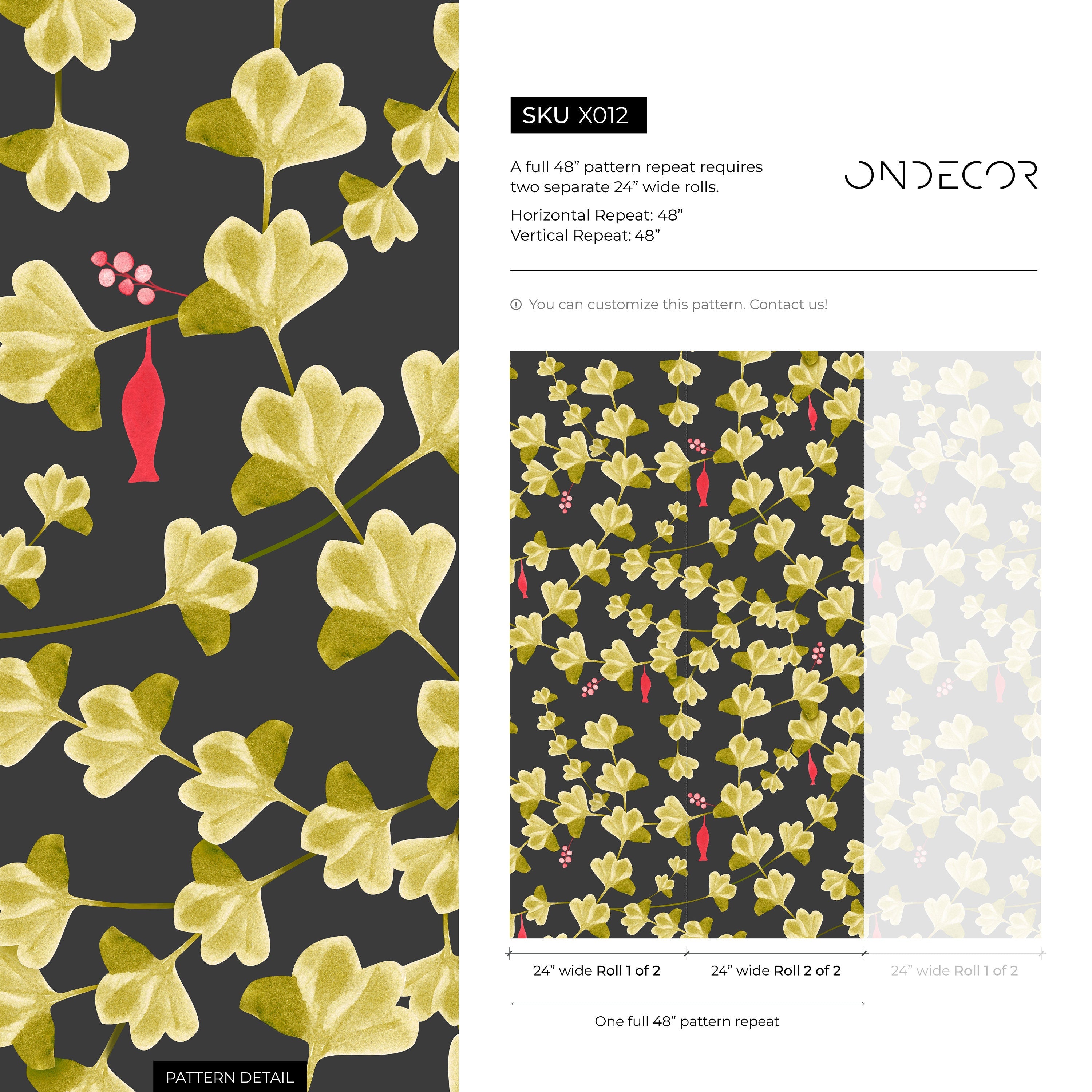 Botanical Wallpaper With Ginkgo Leaves And Berries In Black, Green, And Red - X012