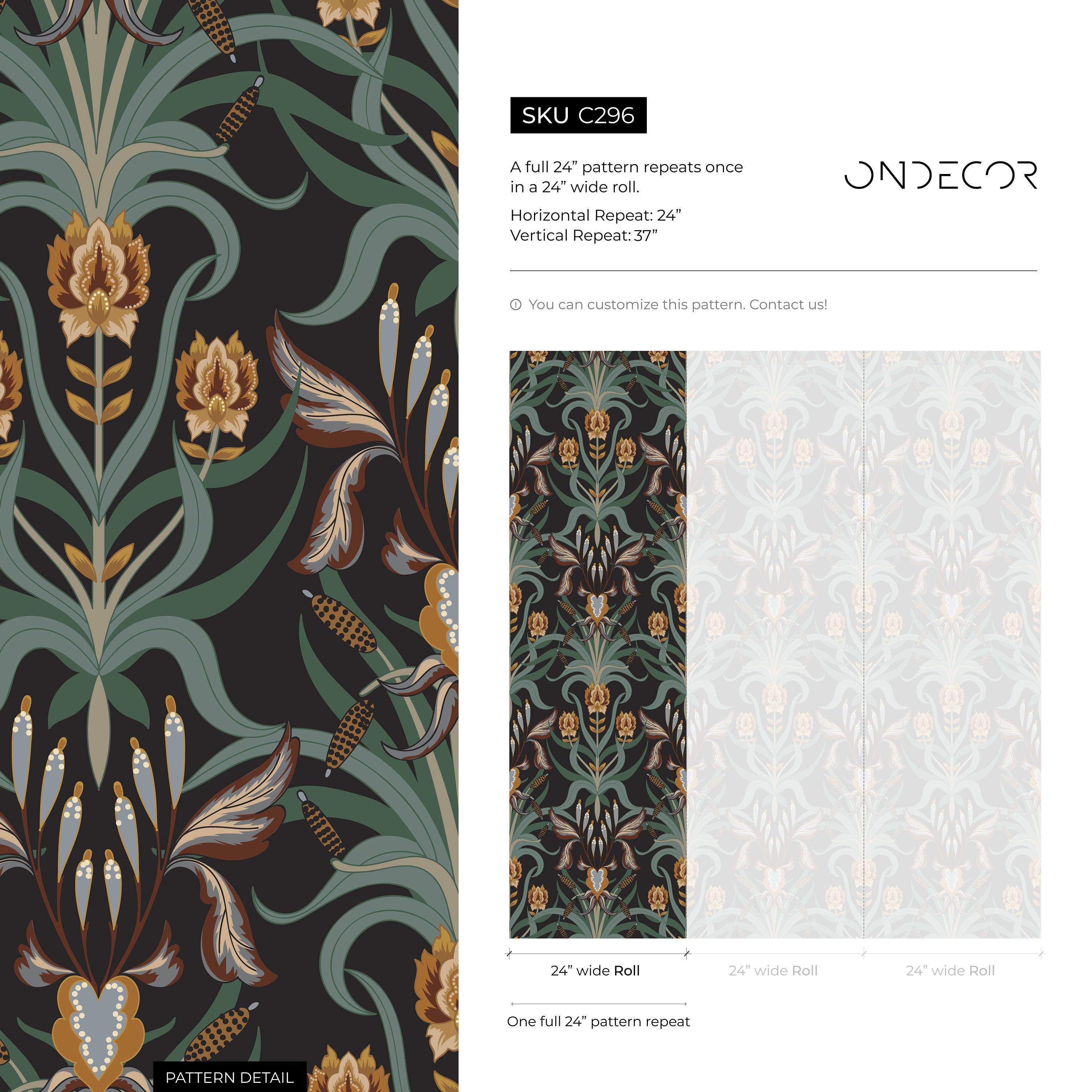 Art Nouveau Wallpaper With A Symmetrical Iris Motif In Green, Orange, And Black - C296