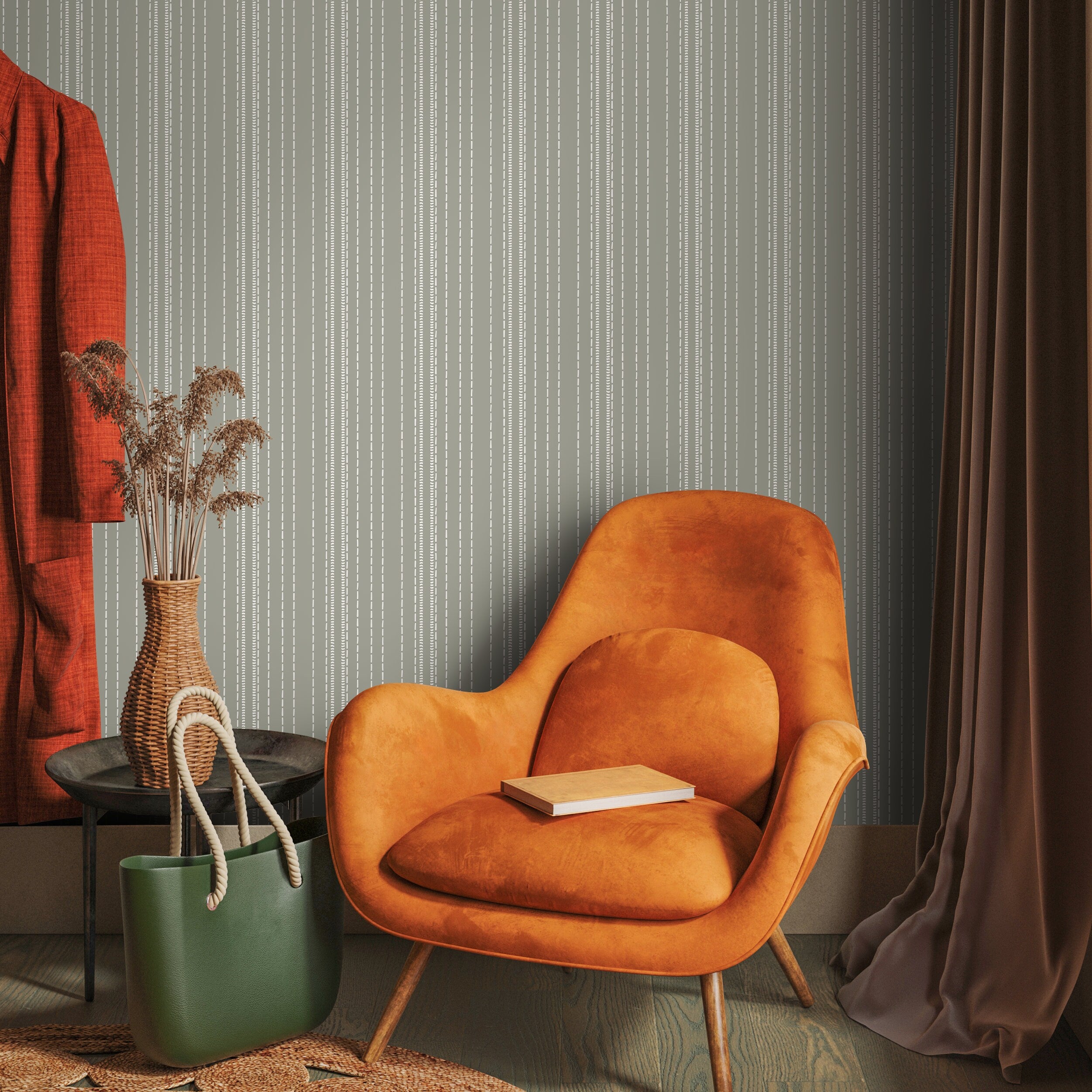 Striped Wallpaper With Hand-drawn Dashes In Sage Green And White - D853