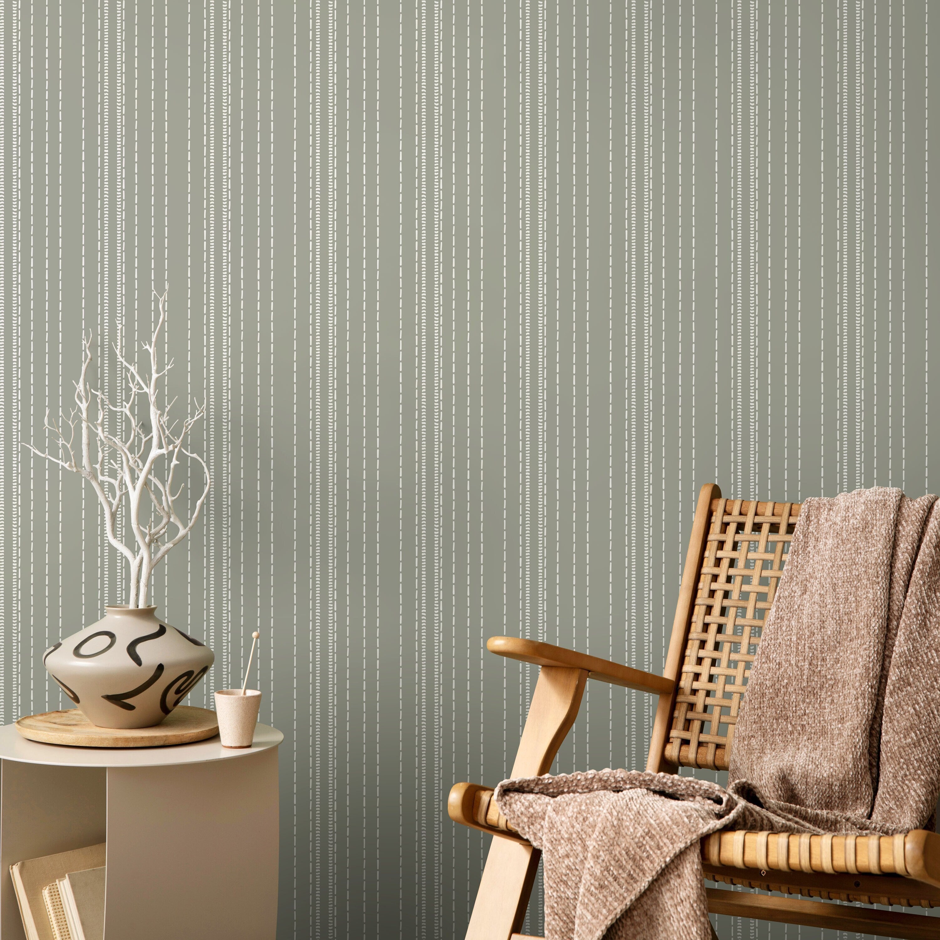 Striped Wallpaper With Hand-drawn Dashes In Sage Green And White - D853