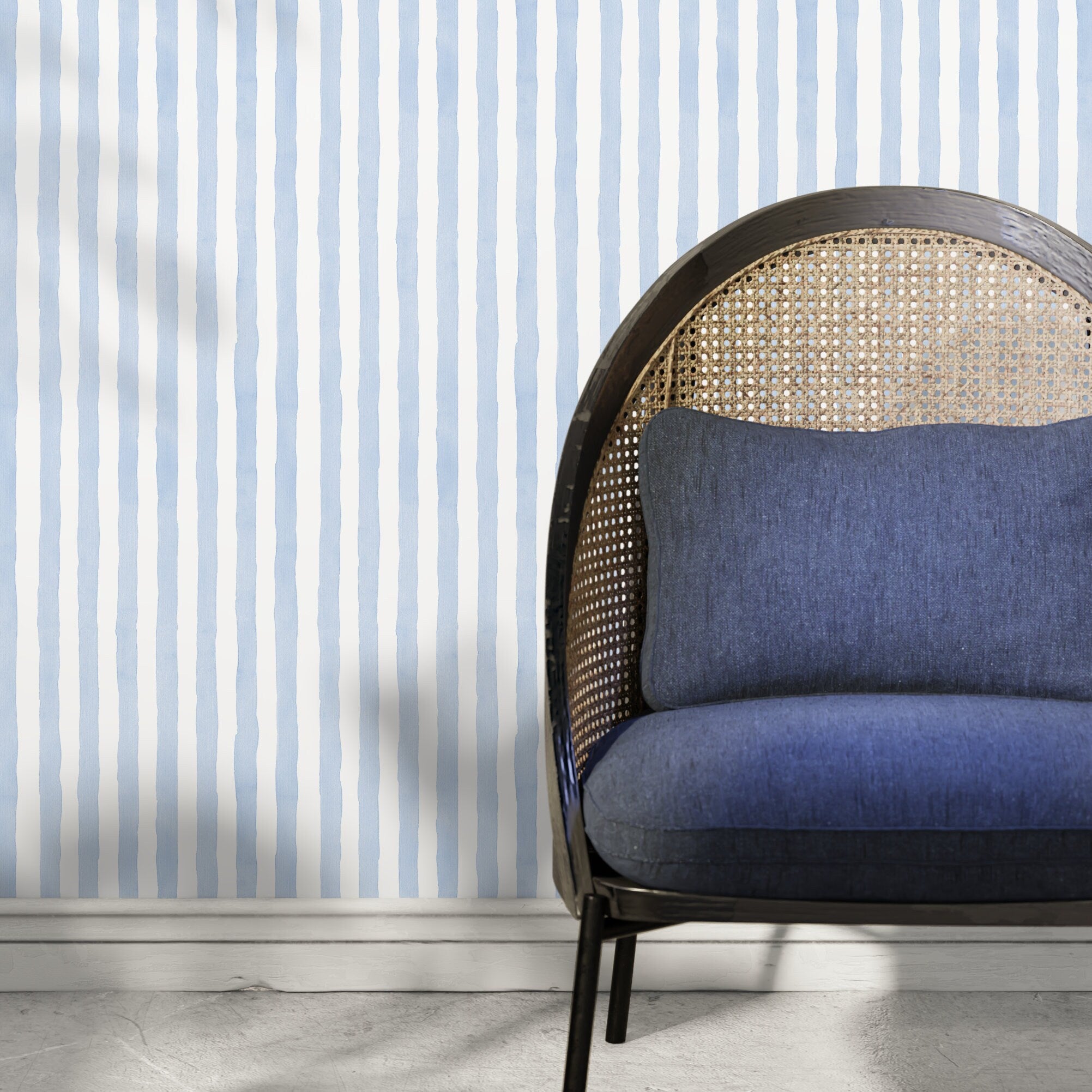 Striped Wallpaper With A Watercolor Motif In Baby Blue - D858