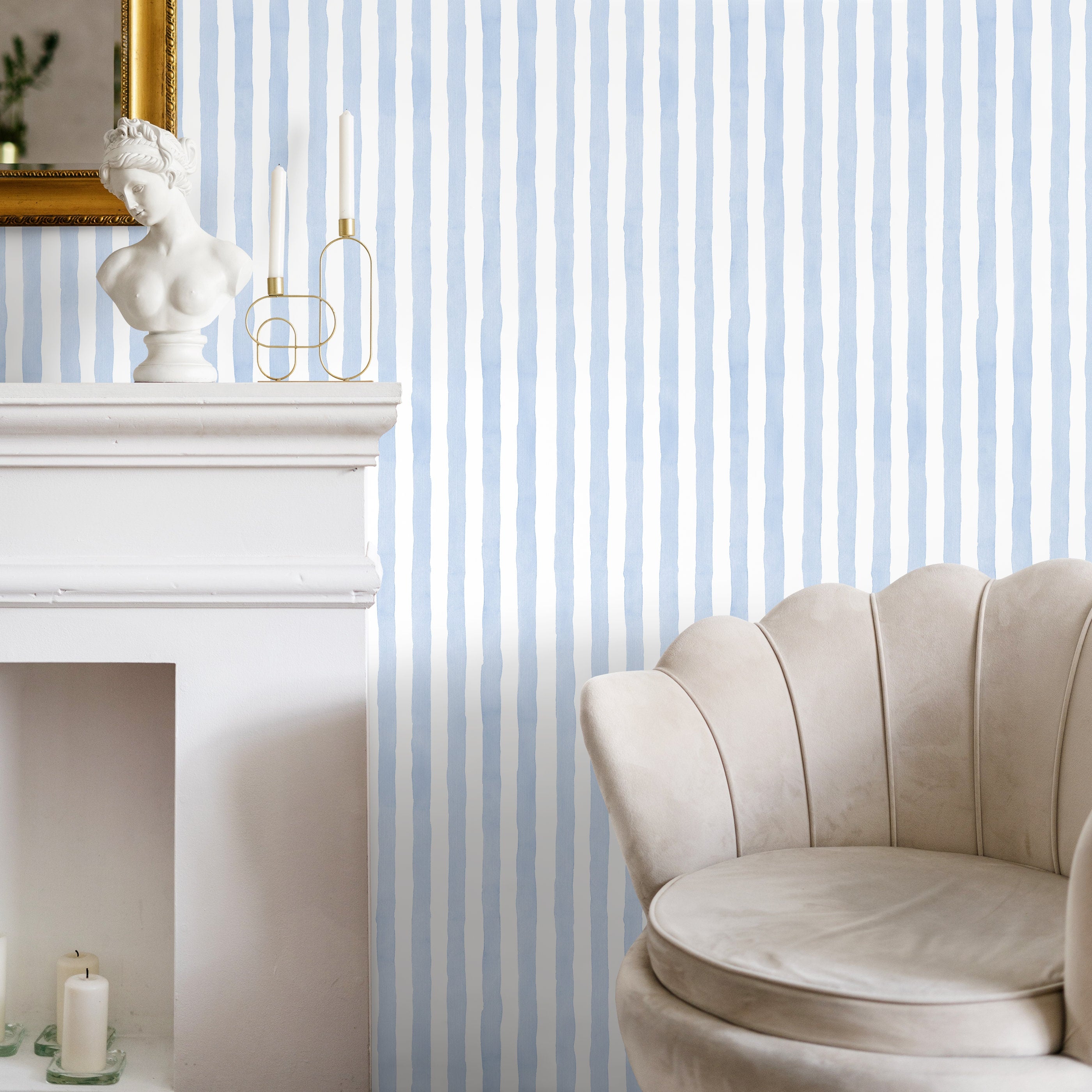 Striped Wallpaper With A Watercolor Motif In Baby Blue - D858