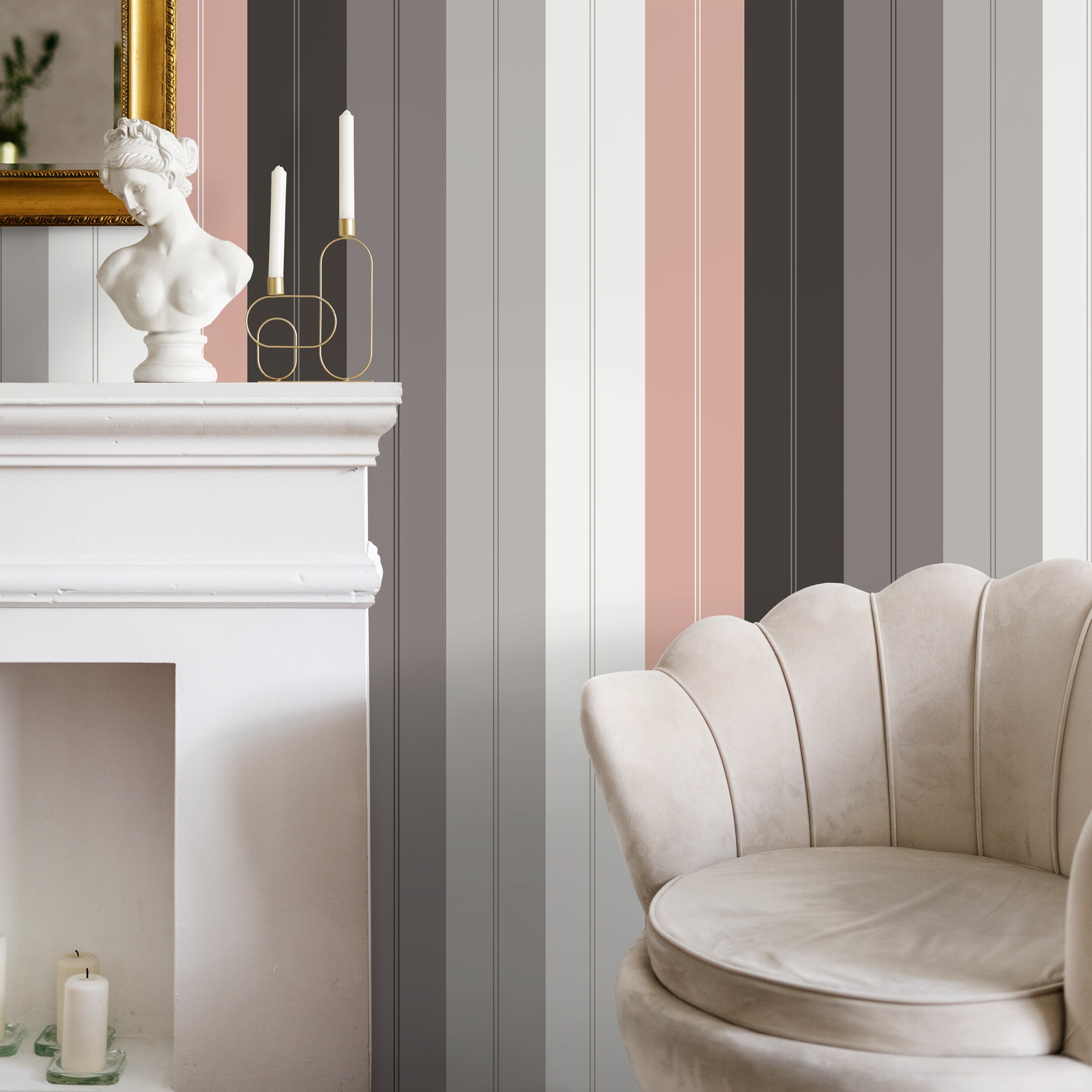 Striped Wallpaper With Modern Vertical Lines In Grey, Pink, And White - D857