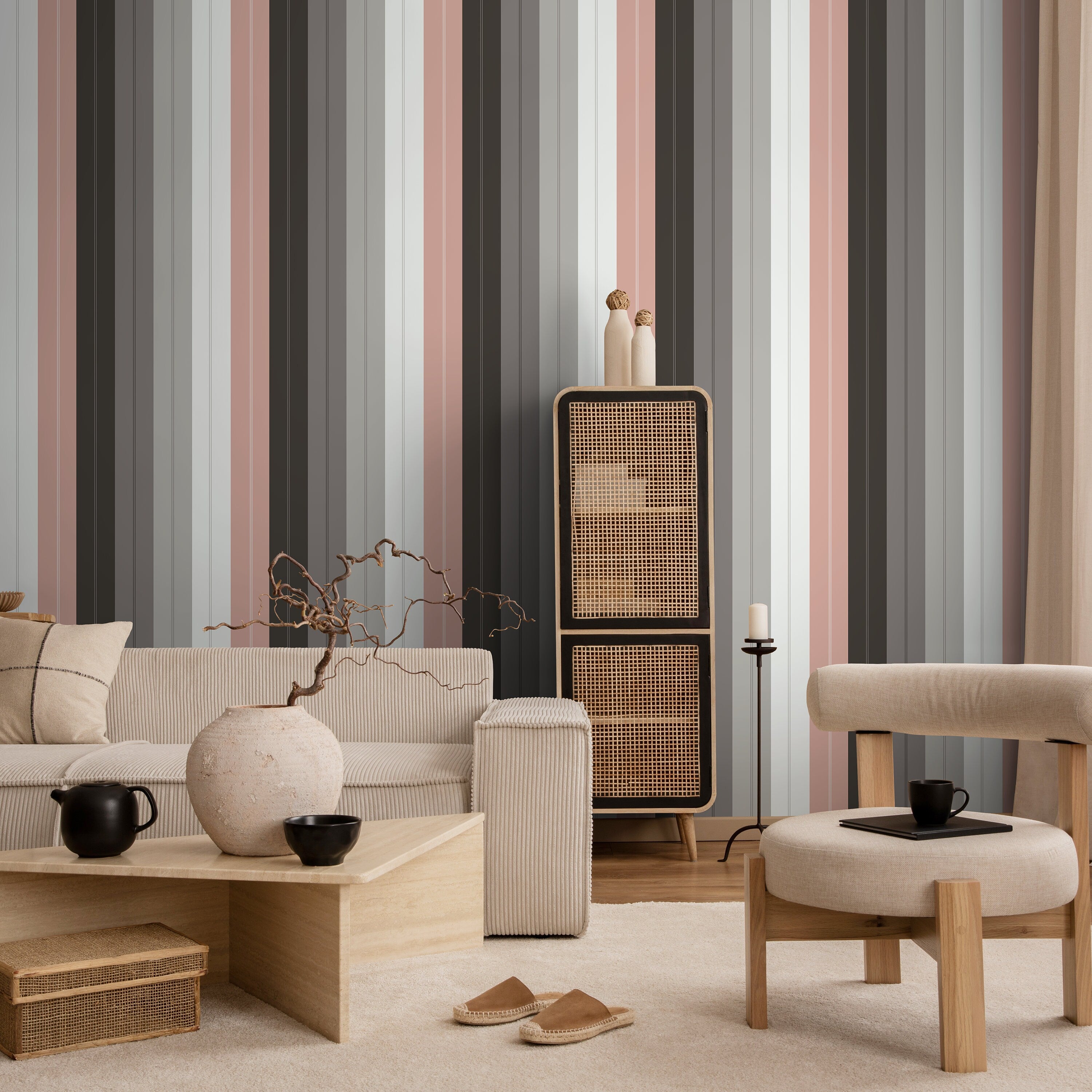 Striped Wallpaper With Modern Vertical Lines In Grey, Pink, And White - D857