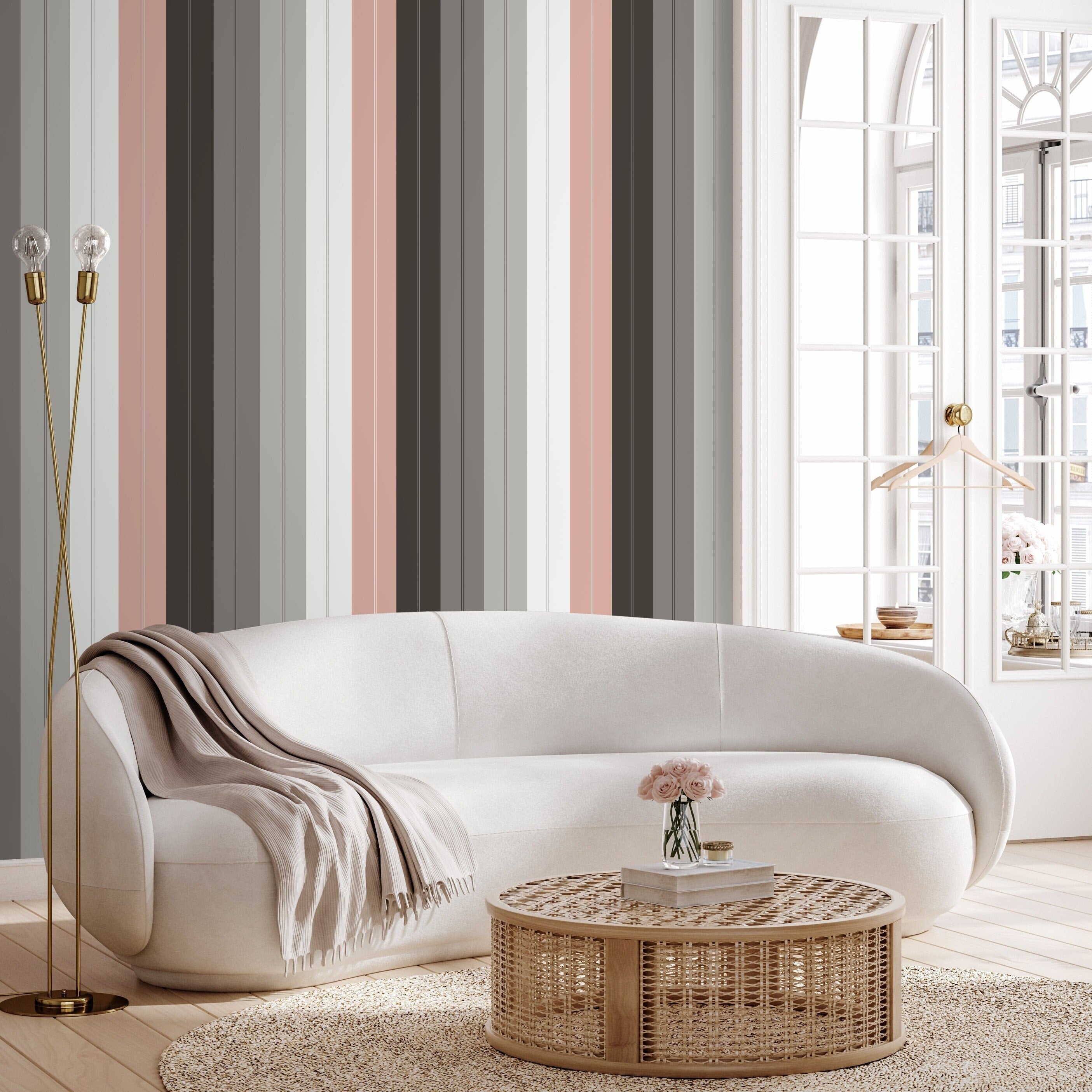 Striped Wallpaper With Modern Vertical Lines In Grey, Pink, And White - D857
