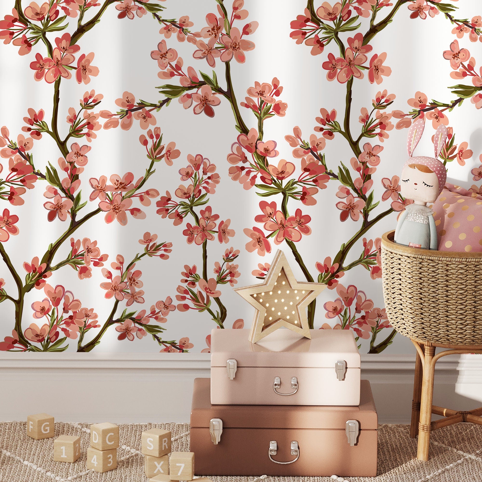 Floral Wallpaper With Cherry Blossom Branches In Pink, Red, And Brown - D961