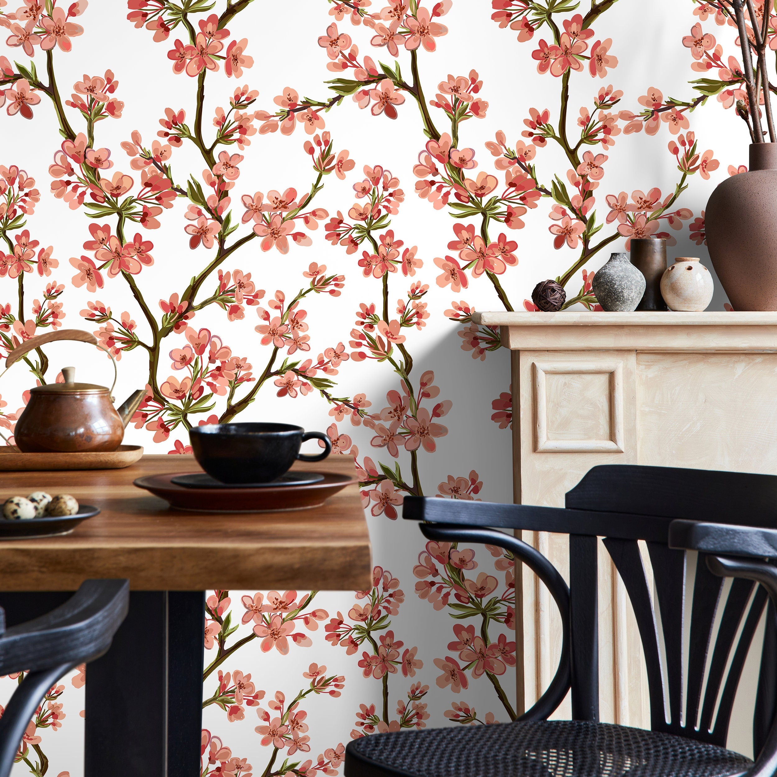 Floral Wallpaper With Cherry Blossom Branches In Pink, Red, And Brown - D961