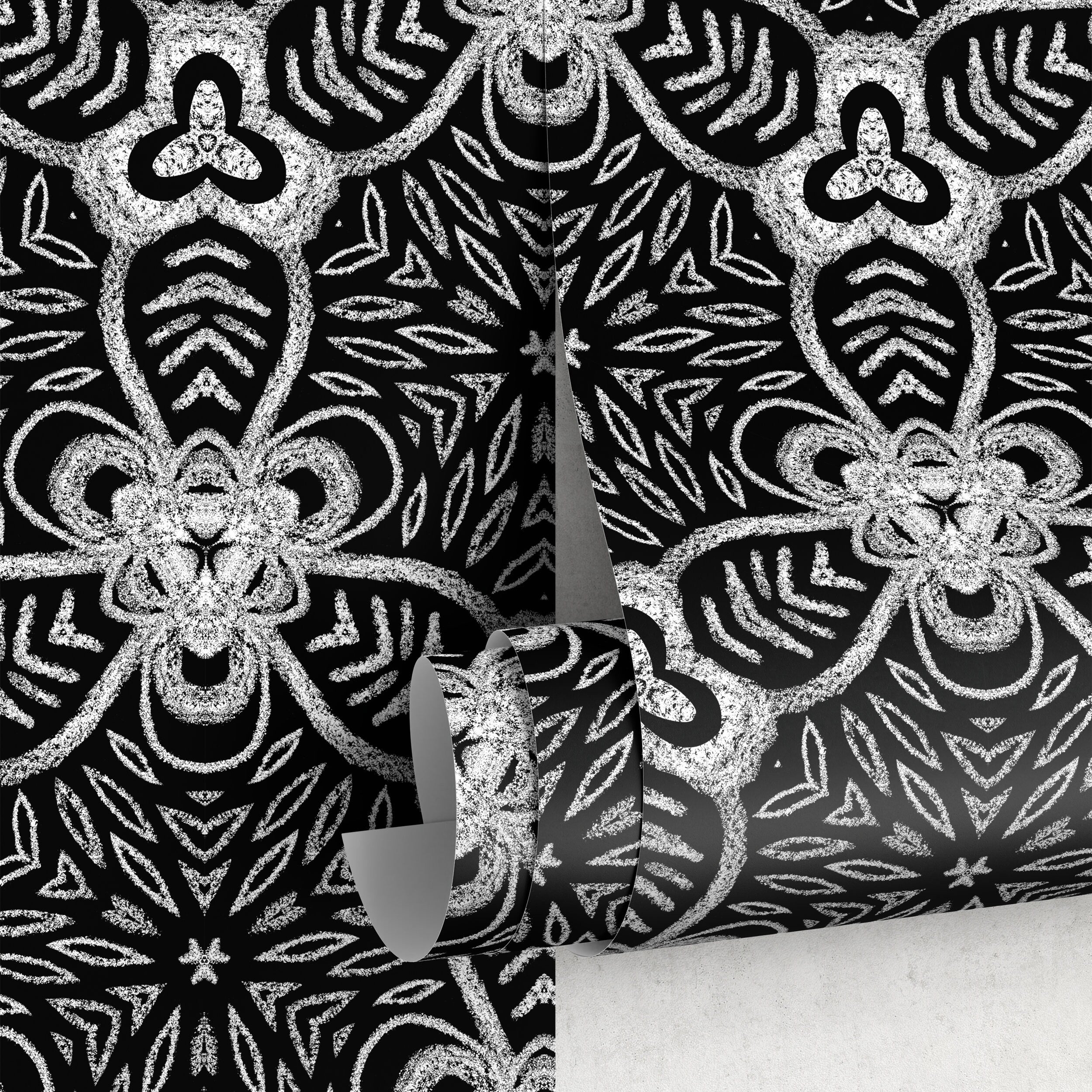 Geometric Wallpaper With An Intricate Medallion Motif In Black And White - X078
