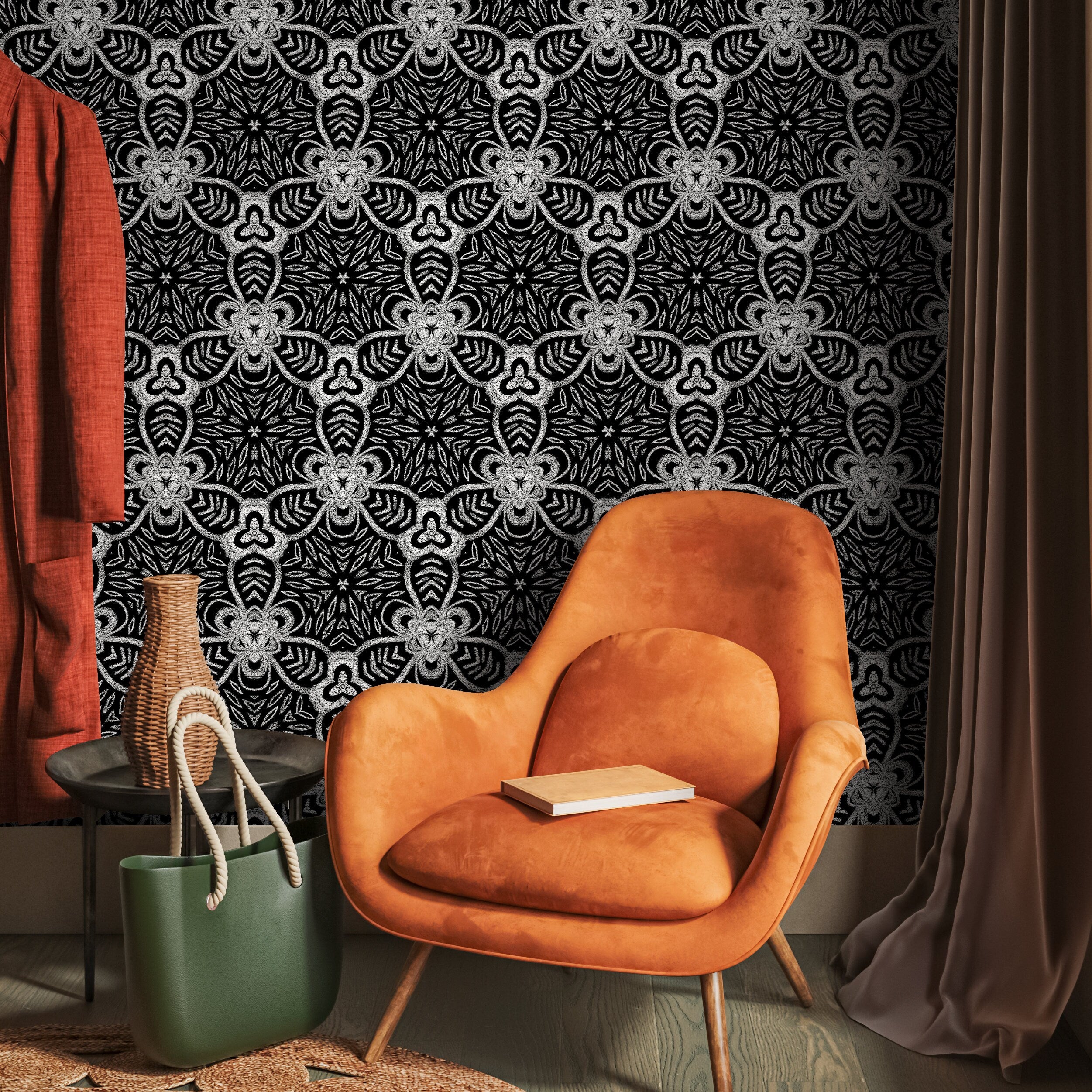 Geometric Wallpaper With An Intricate Medallion Motif In Black And White - X078