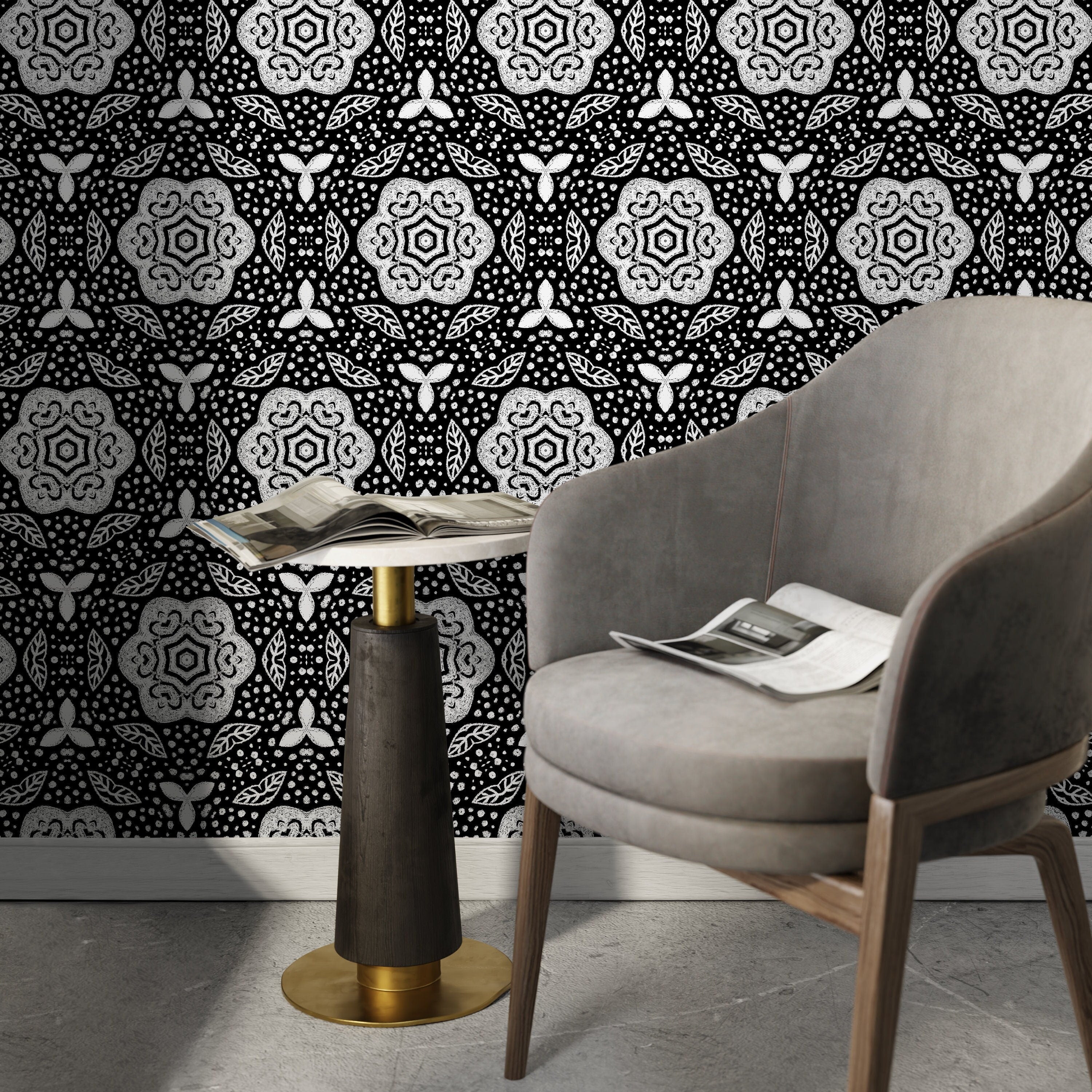 Mandala Wallpaper With An Intricate Medallion Motif In Black And White - X099