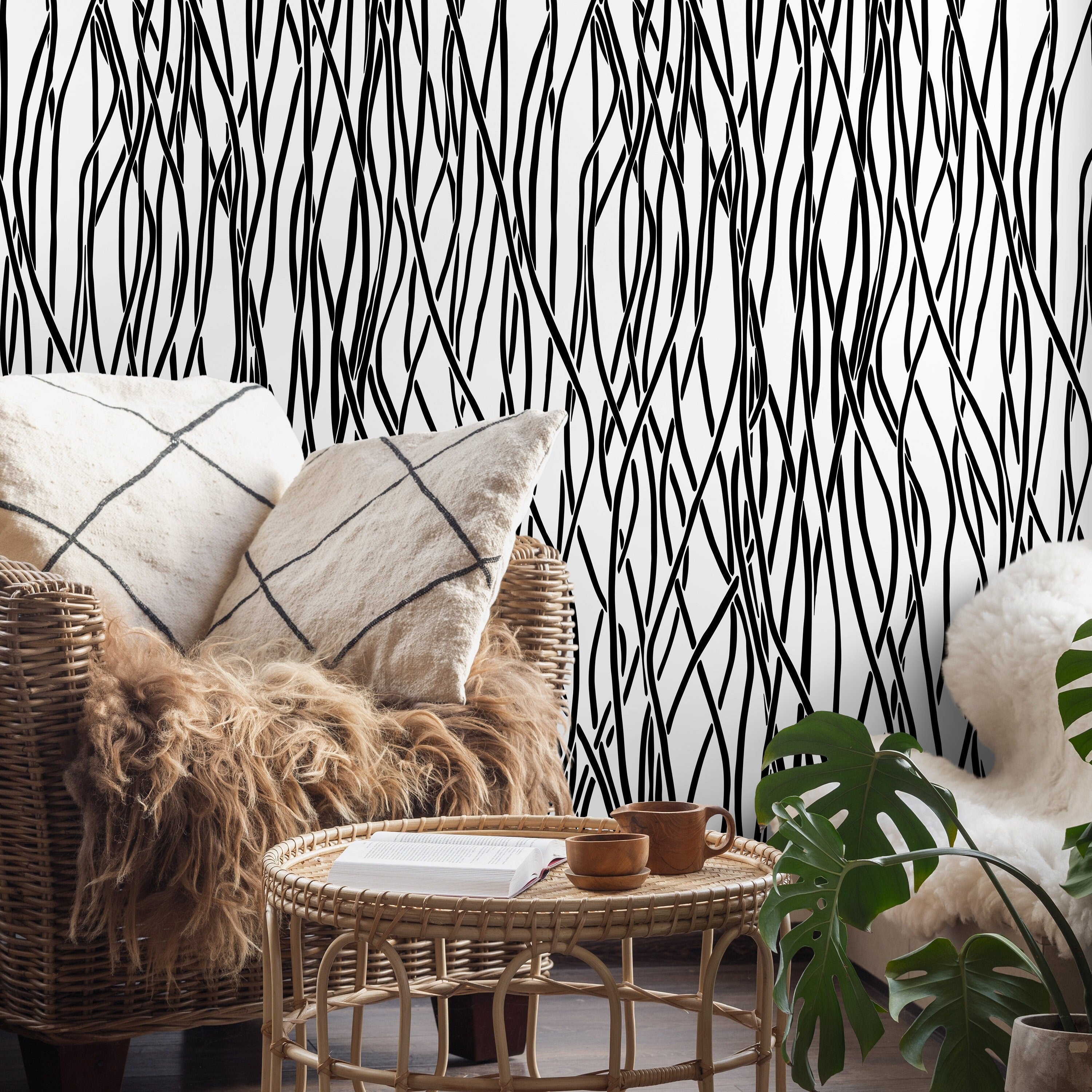Abstract Wallpaper With Wavy Vertical Lines In Black And White - X087