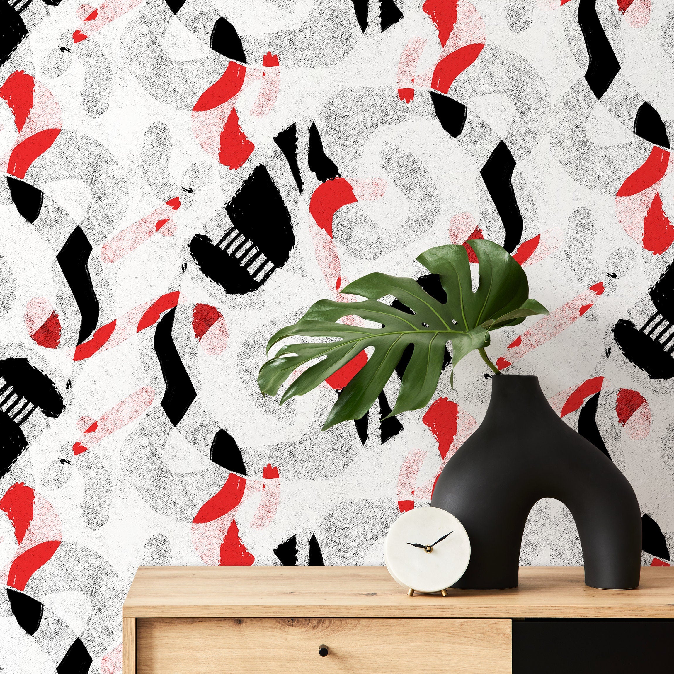 Abstract Wallpaper With Bold Graphic Shapes In Red, Black, And Gray - X106