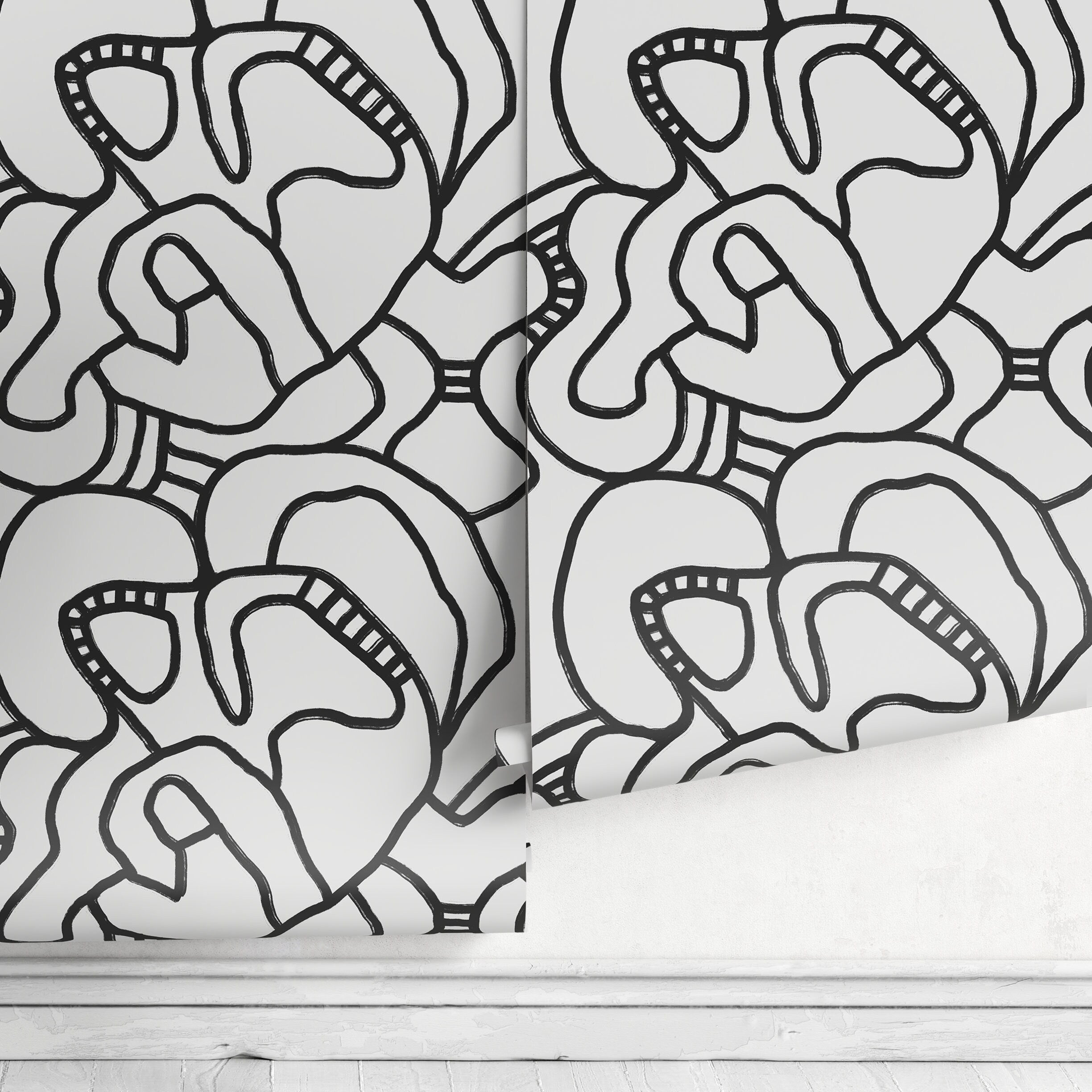 Abstract Wallpaper With A Bold Continuous Line Motif In Black And Gray - X107