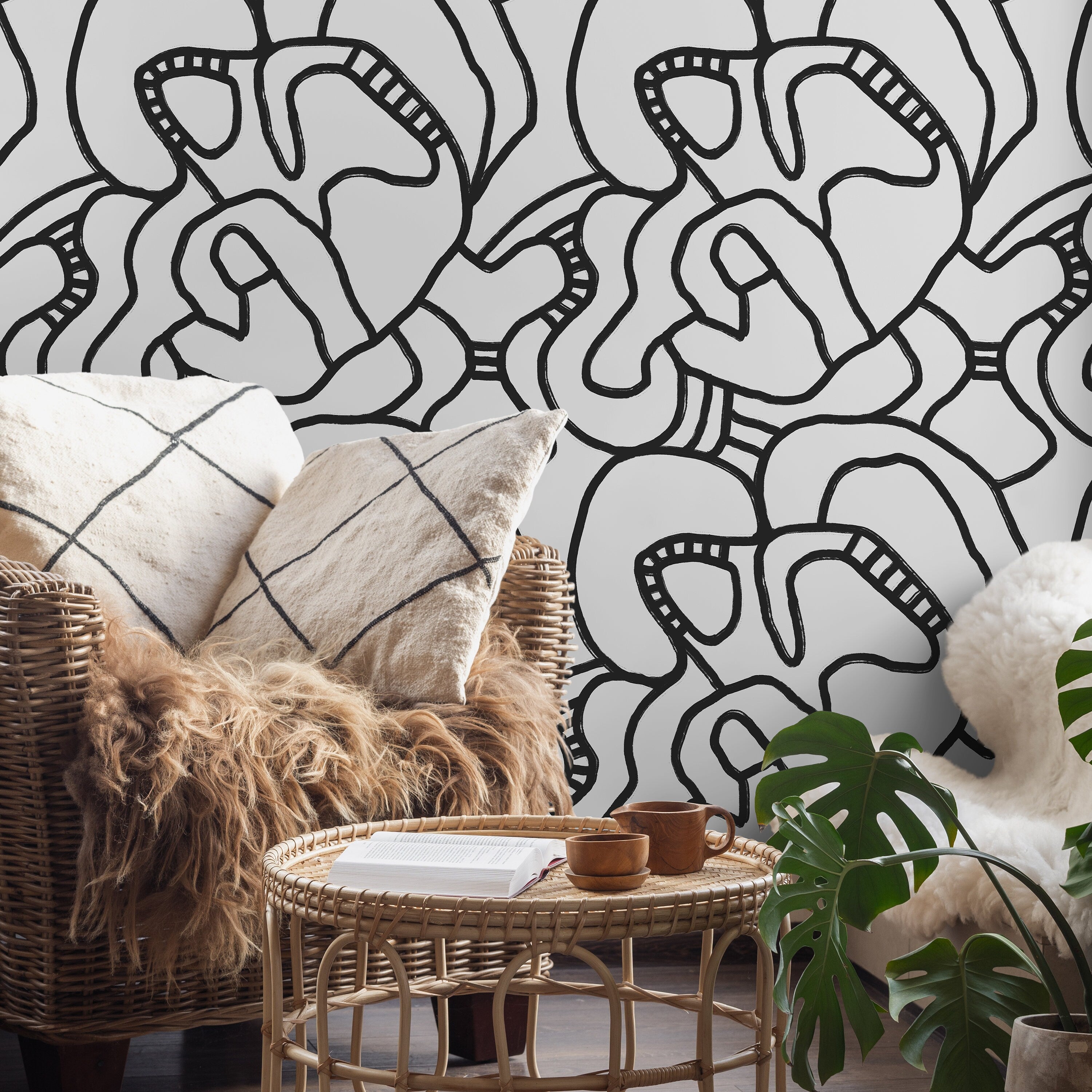 Abstract Wallpaper With A Bold Continuous Line Motif In Black And Gray - X107
