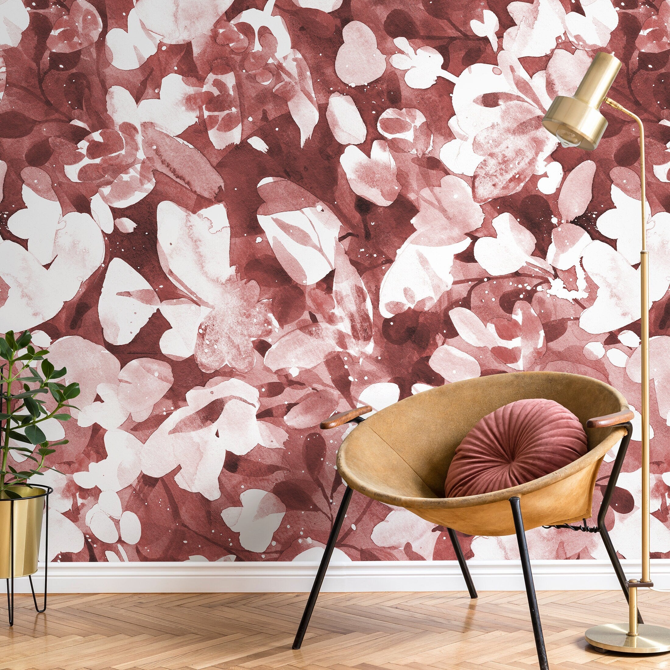 Abstract Wallpaper With A Watercolor Floral Motif In Terracotta And Red - X153