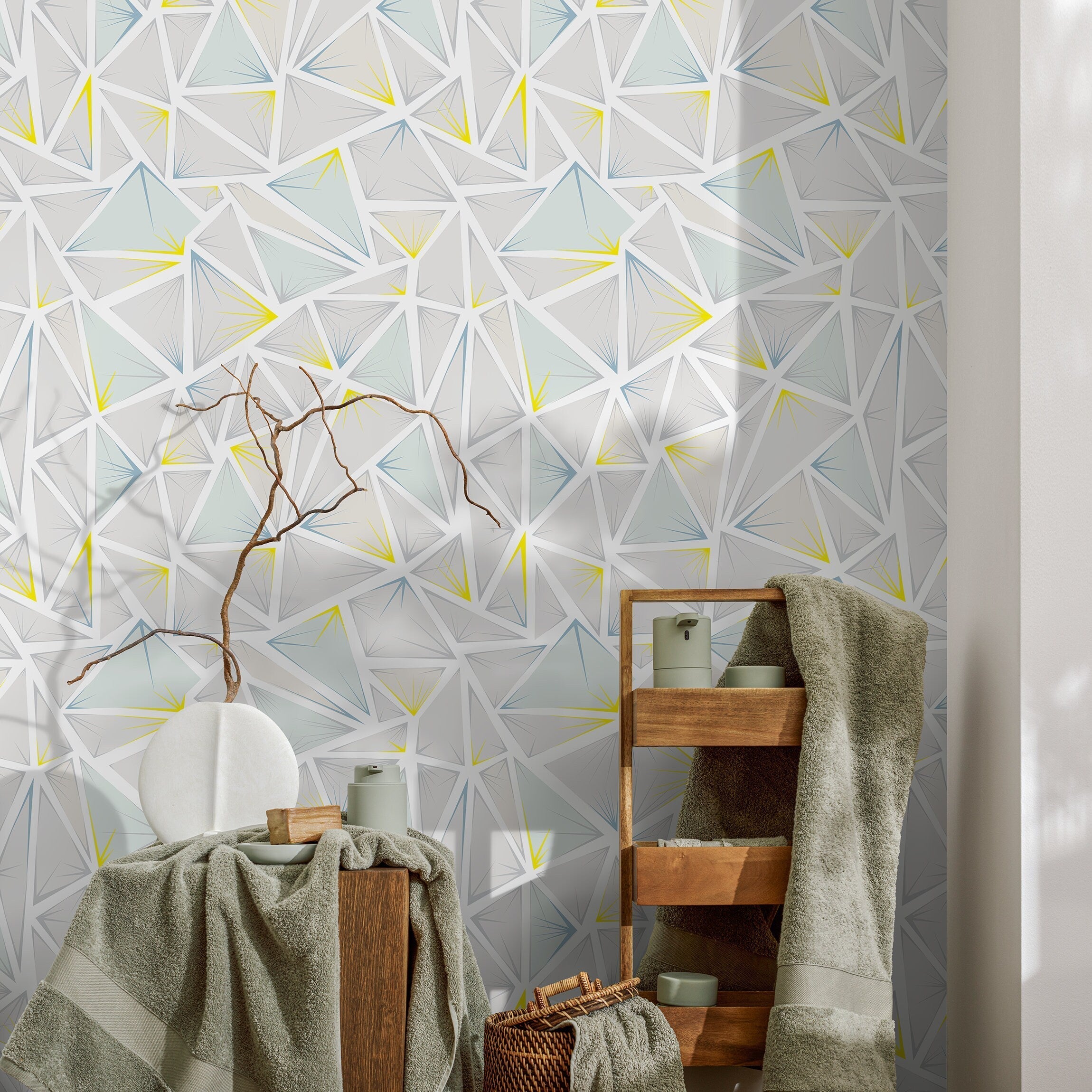 Geometric Wallpaper With An Abstract Triangle Motif In Gray, Blue, And Yellow - A334