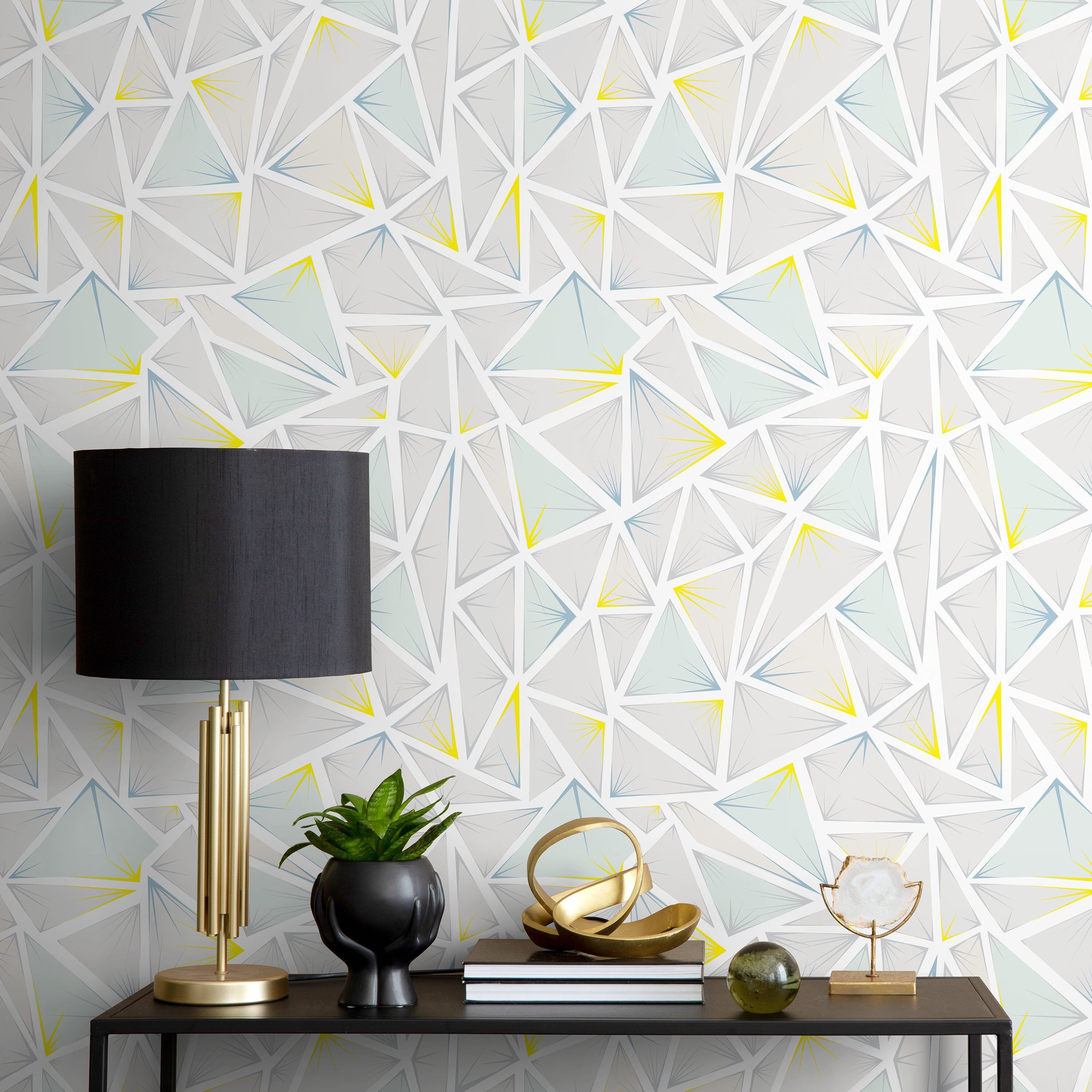 Geometric Wallpaper With A Prismatic Triangle Motif In Grey, Blue, And Yellow - A334
