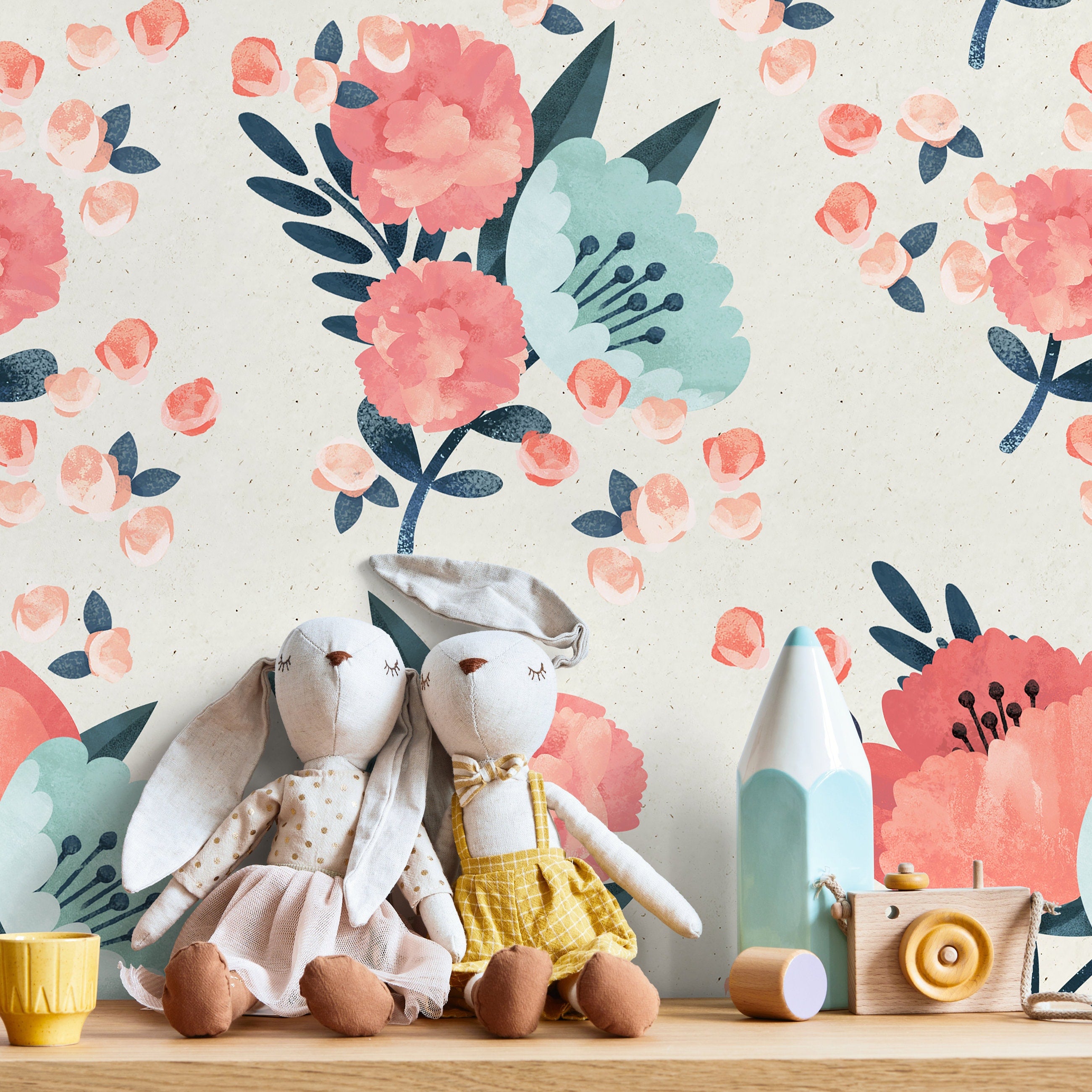 Floral Wallpaper With Vintage Peonies In Coral, Teal, And Blue - A617
