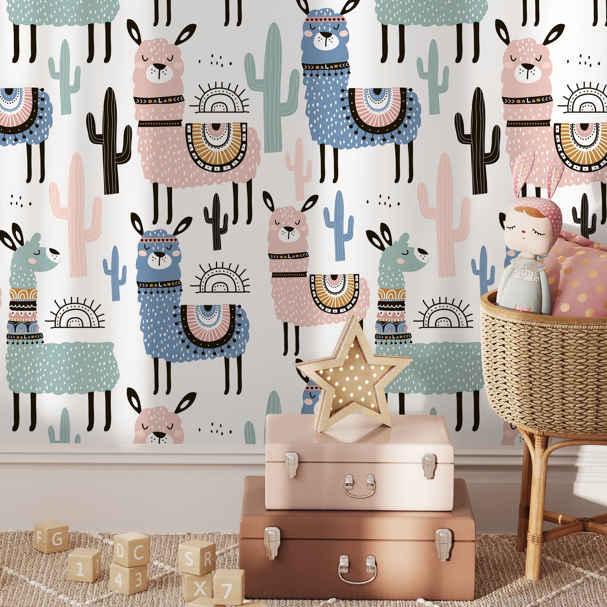 Scandinavian Wallpaper With A Whimsical Alpaca And Cactus Motif In Pink, Blue, And Teal - A740