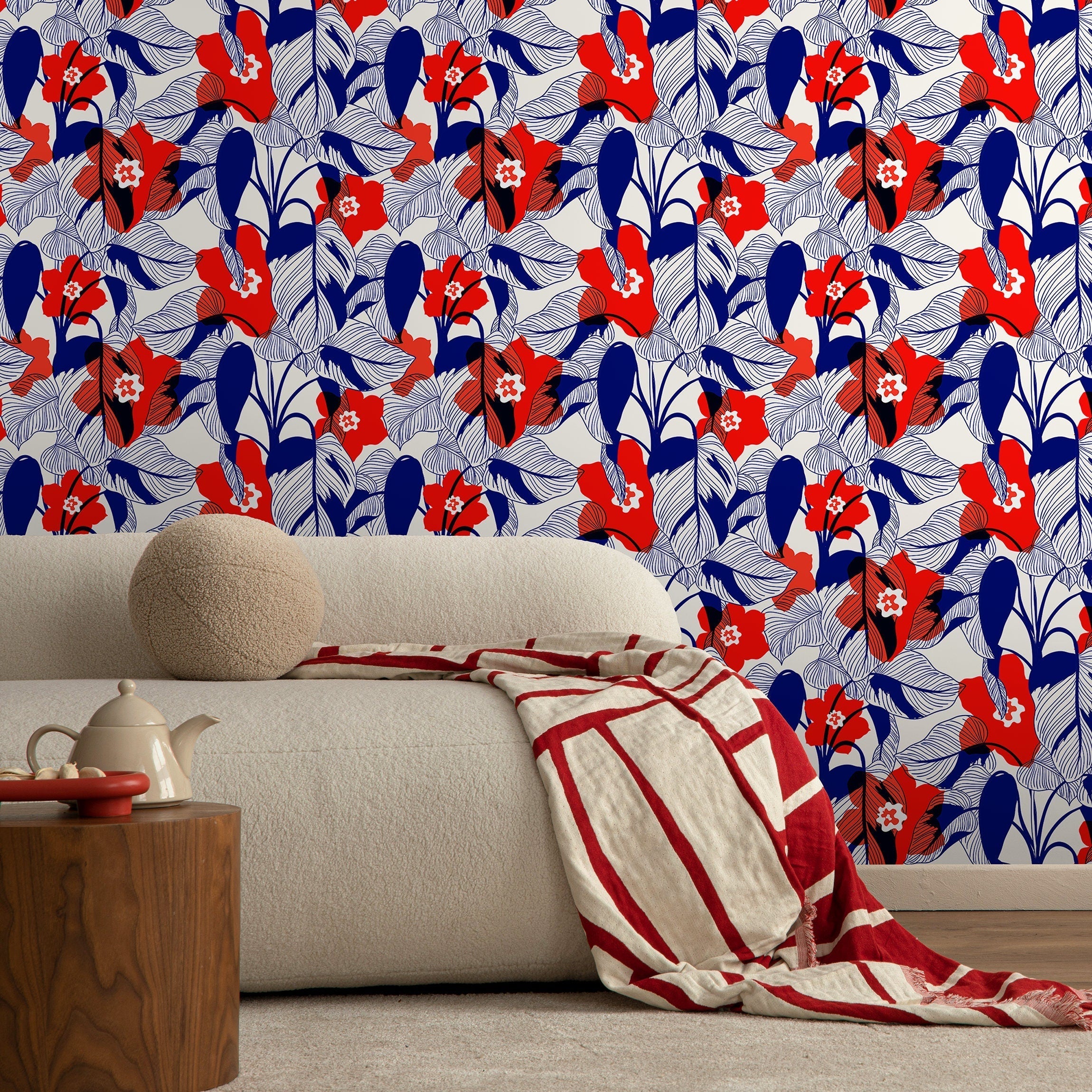 Botanical Wallpaper With Graphic Florals And Leaves In Red And Blue - A791