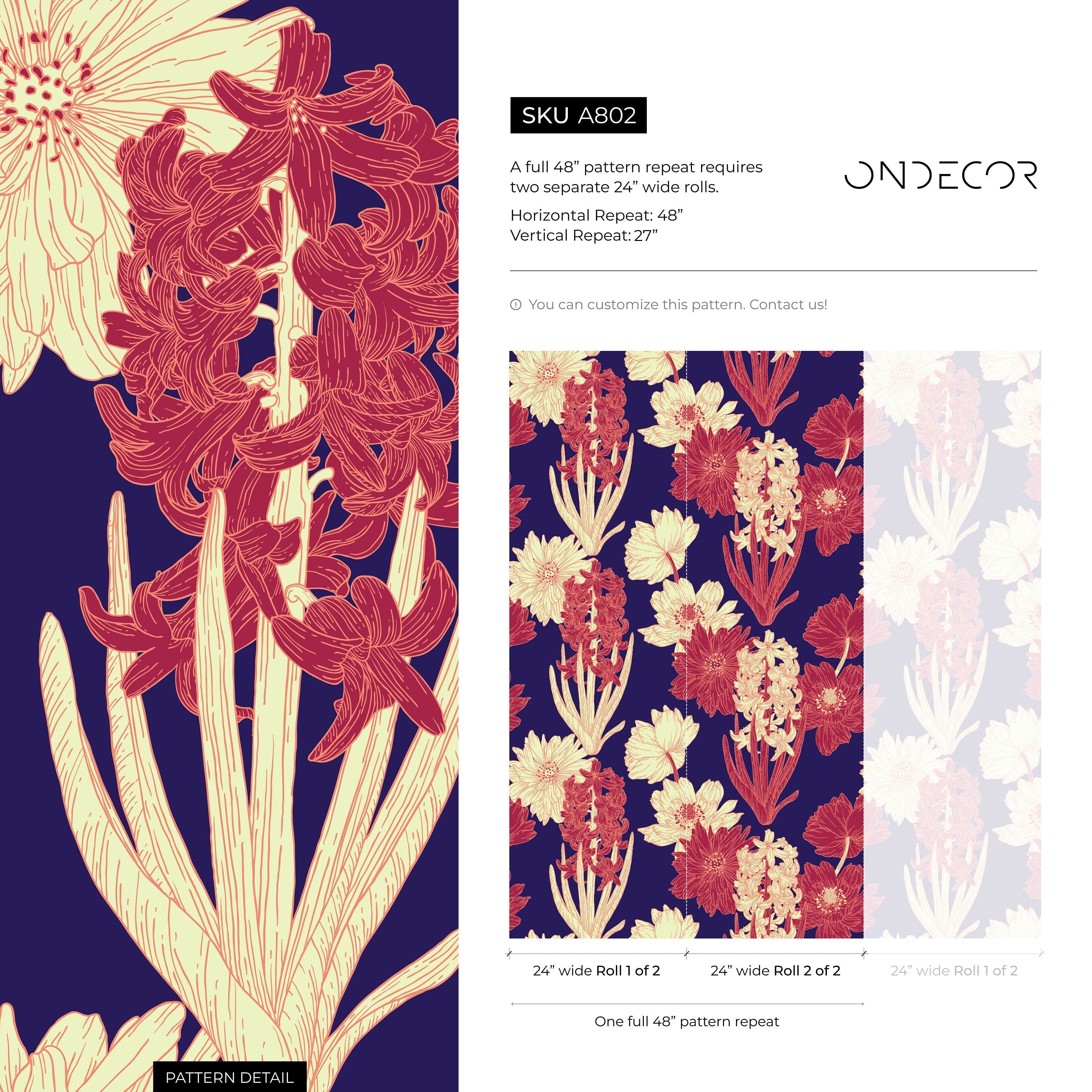 Botanical Wallpaper With Illustrated Florals In Blue, Red, And Cream - A802