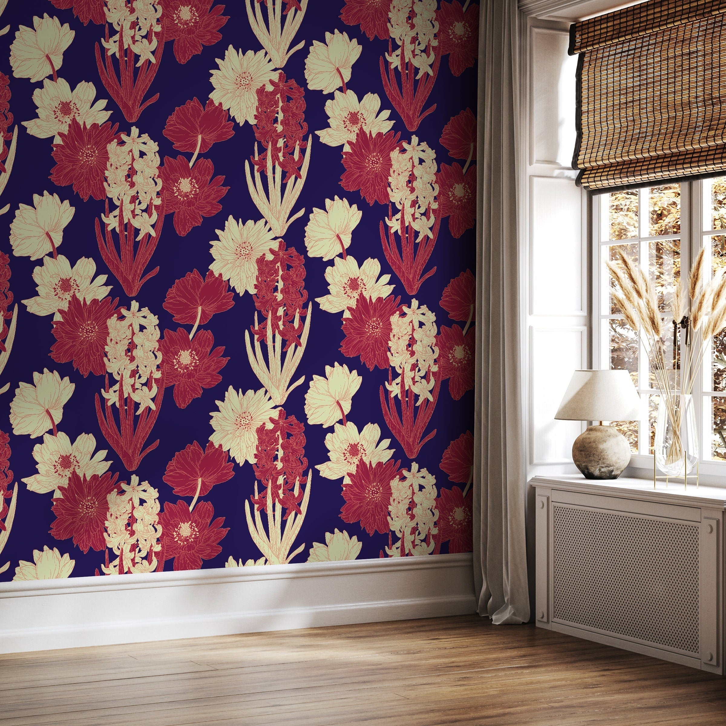 Botanical Wallpaper With Illustrated Florals In Blue, Red, And Cream - A802