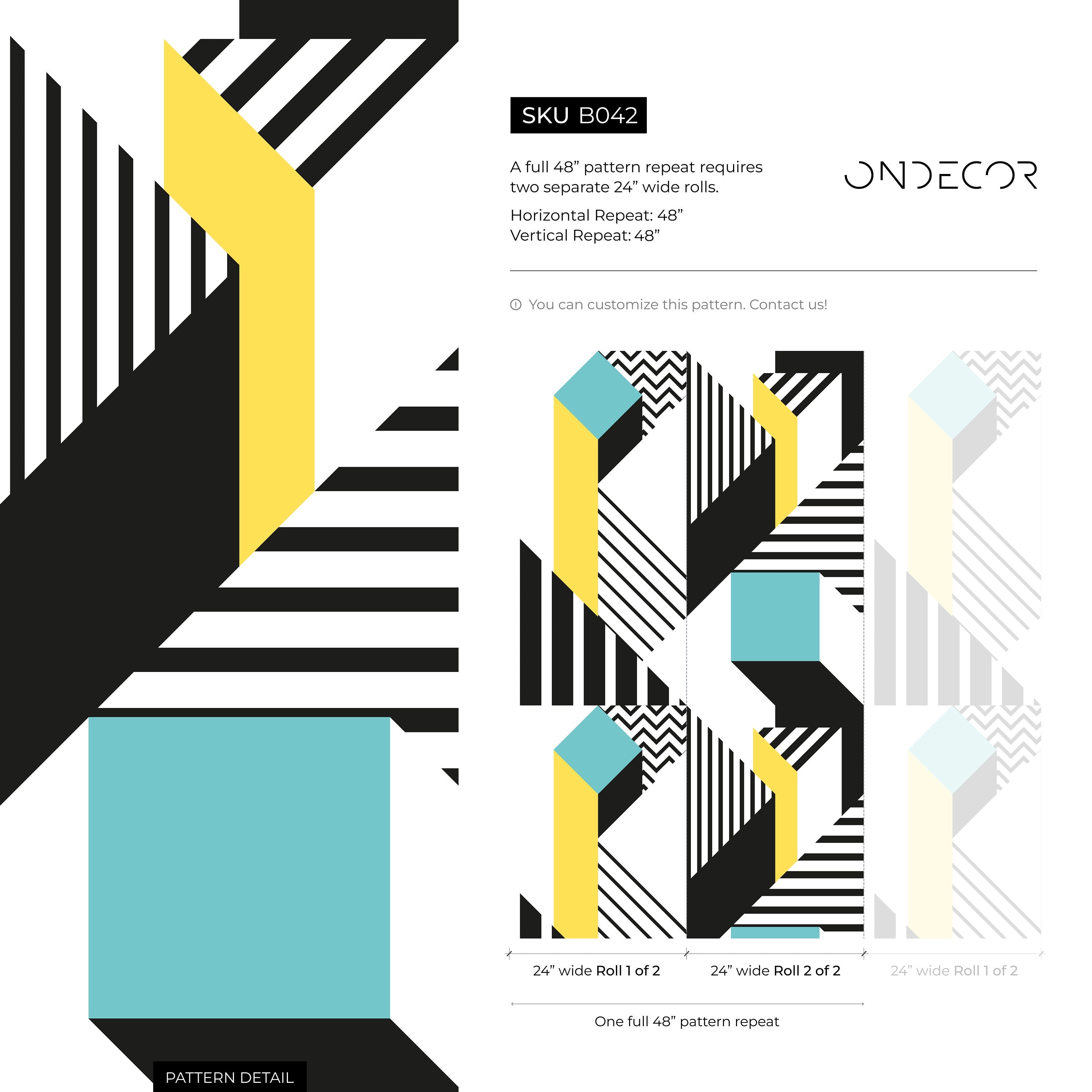 Geometric Wallpaper With 3d Blocks And Lines In Black, Teal, And Yellow - B042