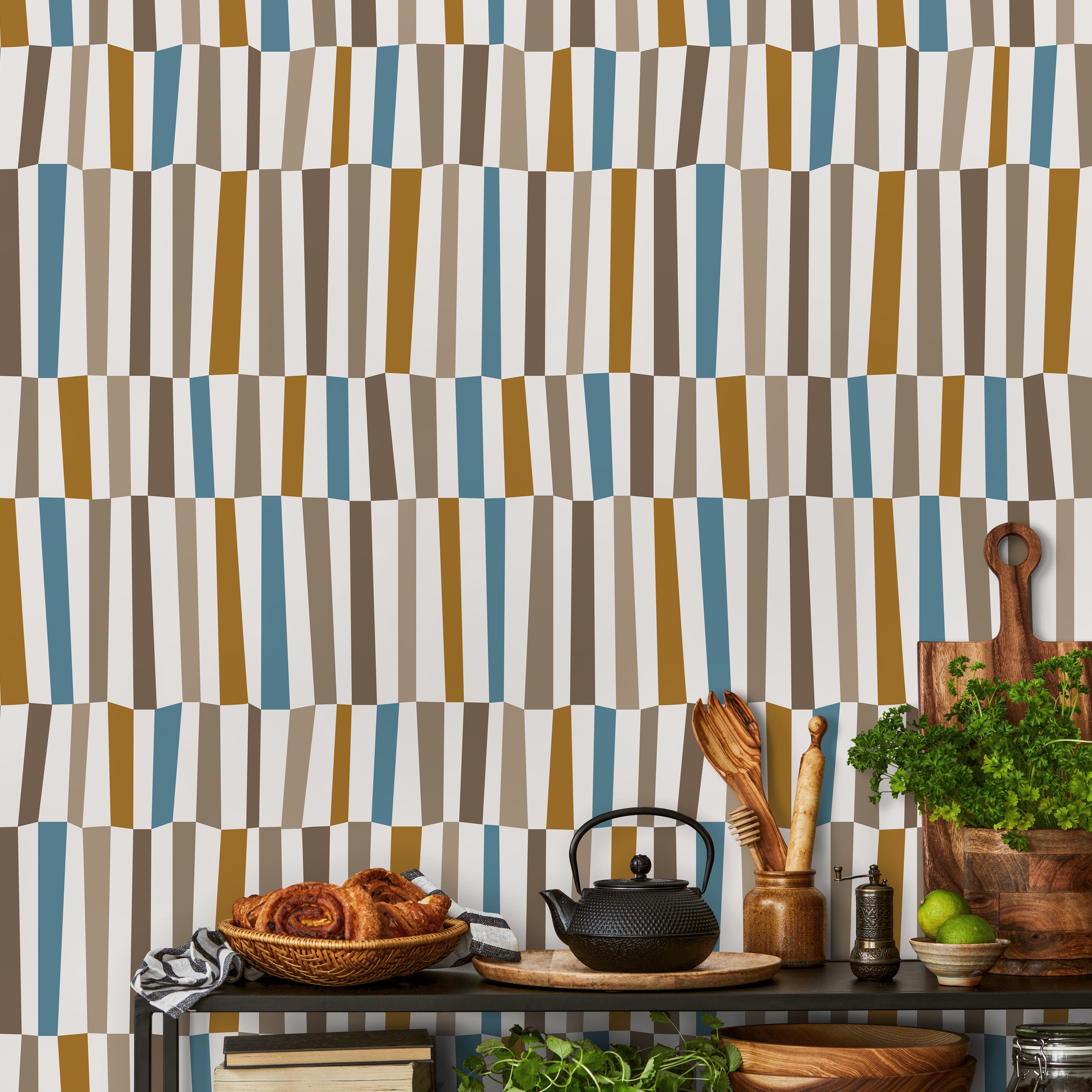 Mid Century Wallpaper With An Abstract Vertical Block Pattern In Blue, Brown, And Mustard - D851