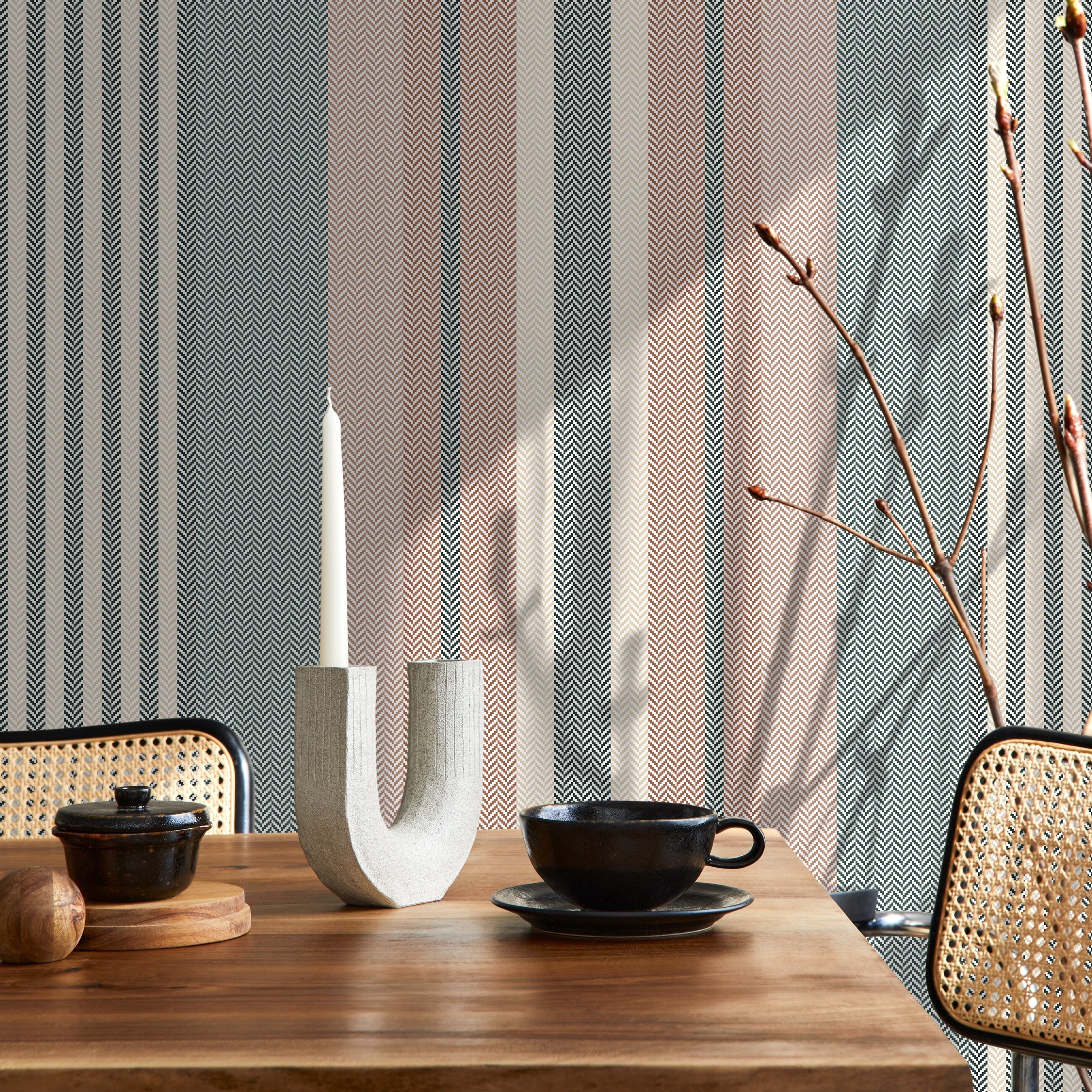 Geometric Wallpaper With Herringbone Stripes In Teal, Terracotta, And Beige - D849