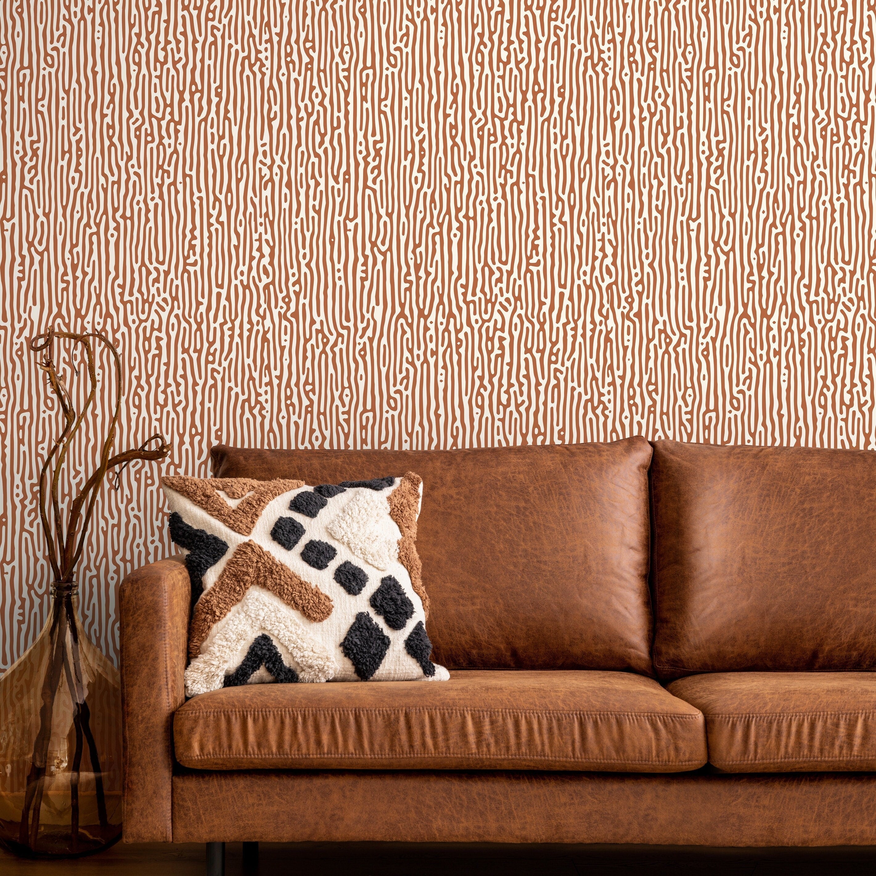 Abstract Wallpaper With Organic Wavy Lines In Terracotta And Cream - D854