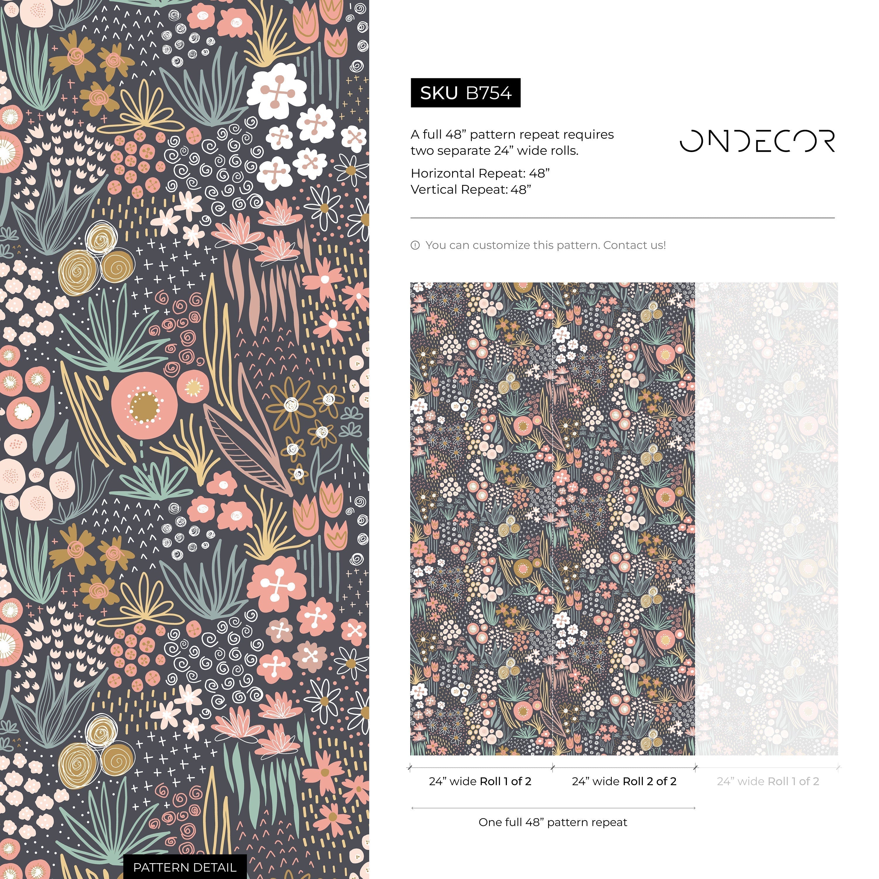 Botanical Wallpaper With A Whimsical Meadow In Pink, Green, And Yellow - B754