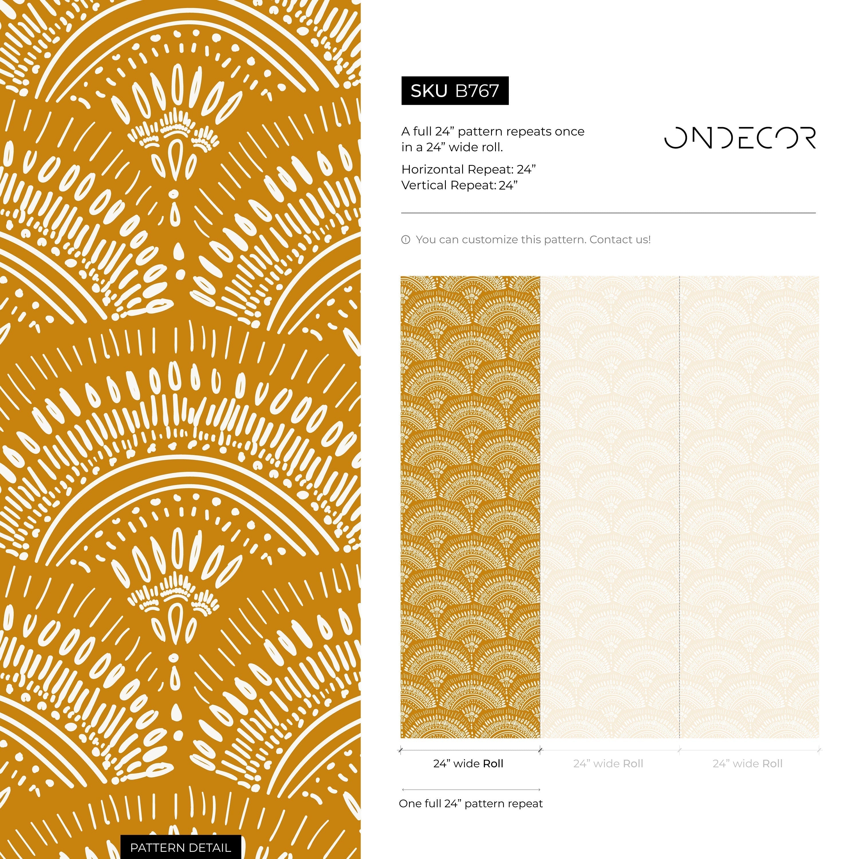 Art Deco Wallpaper With Scalloped Fans In Mustard Yellow And White - B767