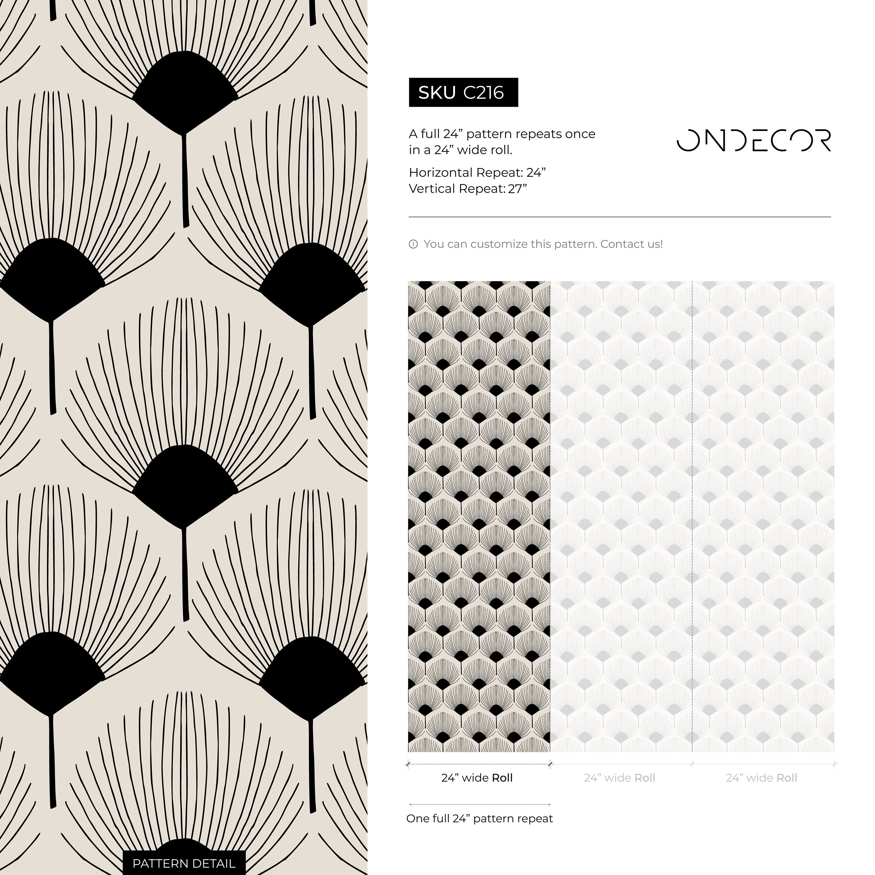 Art Deco Wallpaper With A Stylized Fan Motif In Black And Beige - C216