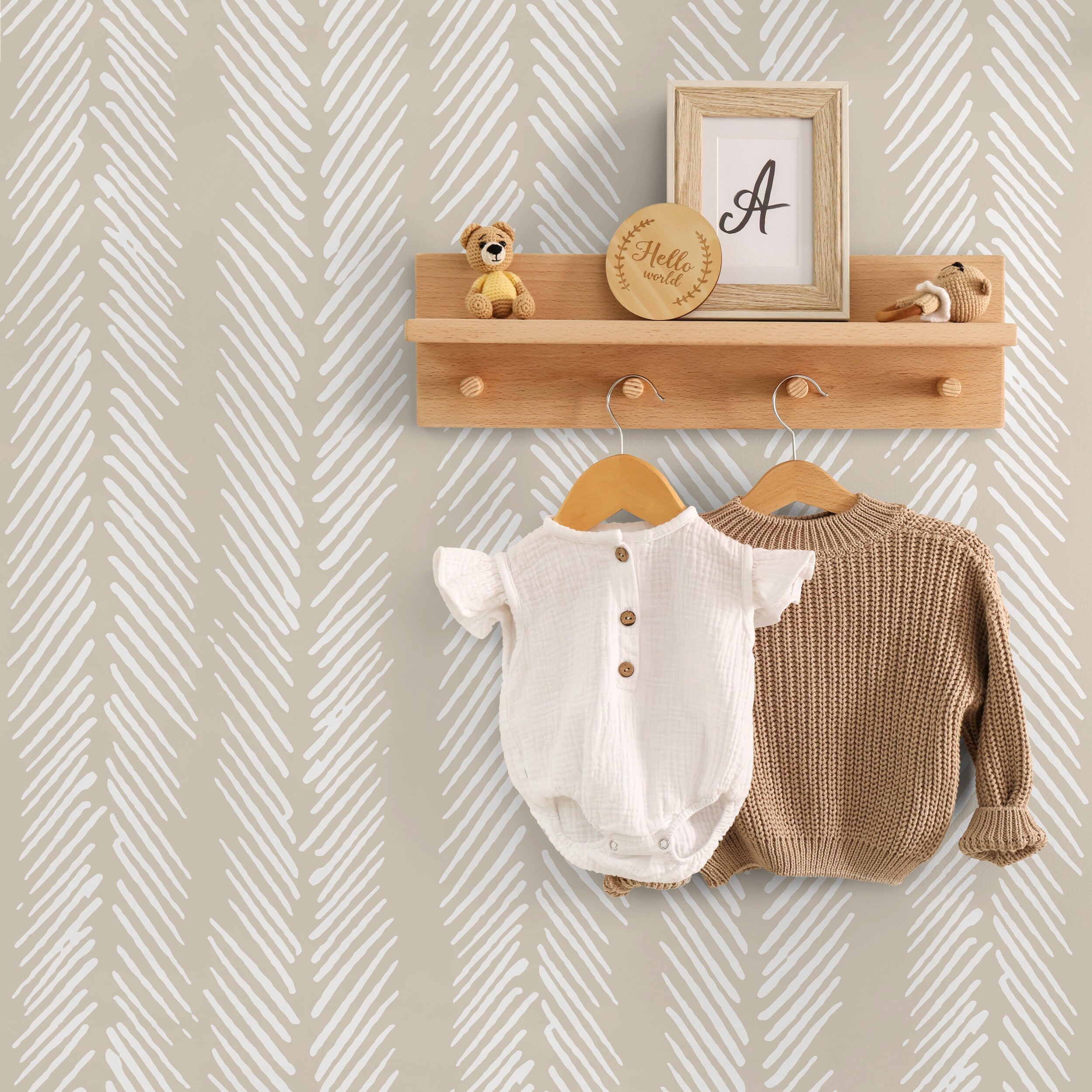 Herringbone Wallpaper With A Sketched Stripe Motif In Beige - D790