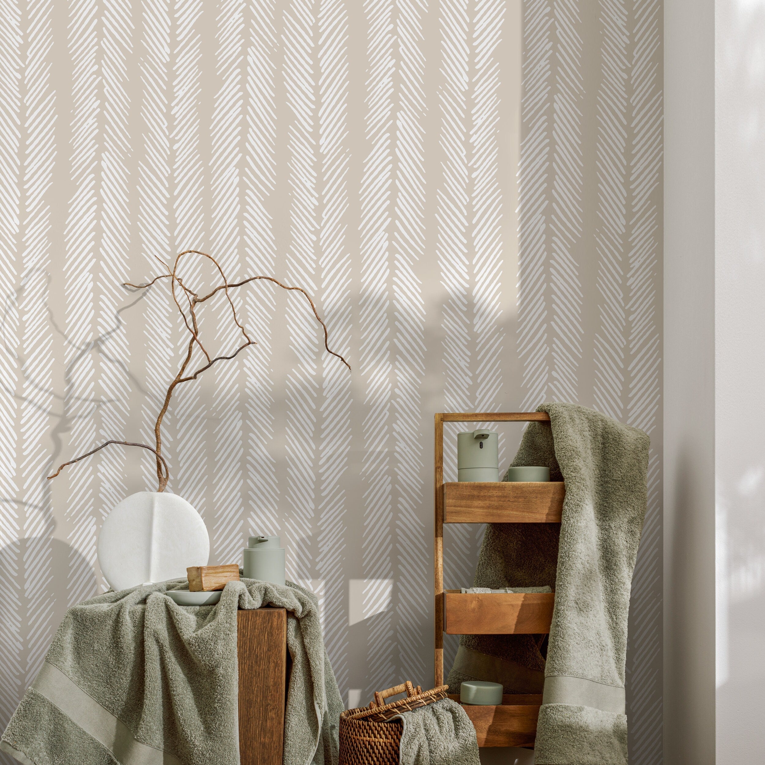 Herringbone Wallpaper With A Sketched Stripe Motif In Beige - D790