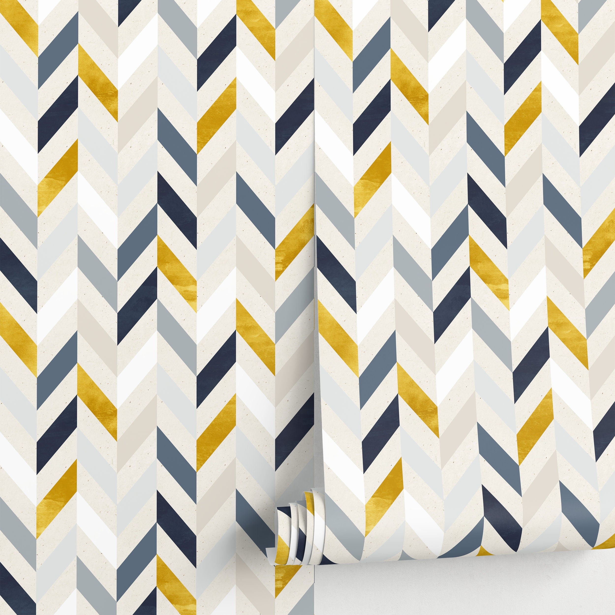 Herringbone Wallpaper With A Modern Chevron Motif In Blue, Gold, And Grey - A104