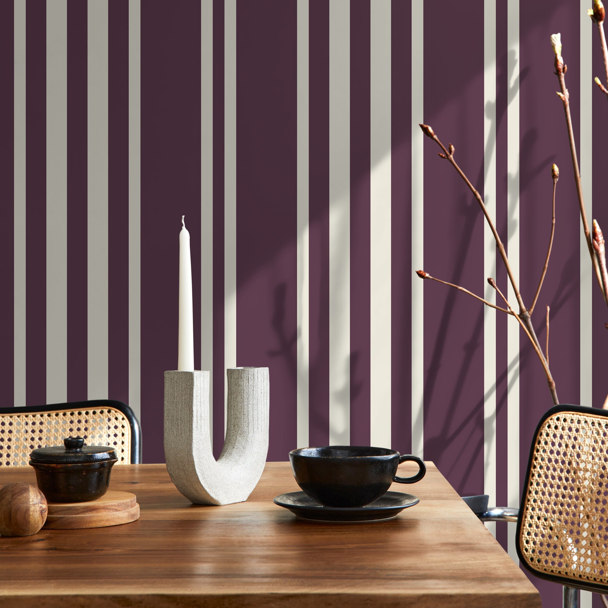 Striped Wallpaper With Vertical Lines In Purple And Cream - D787