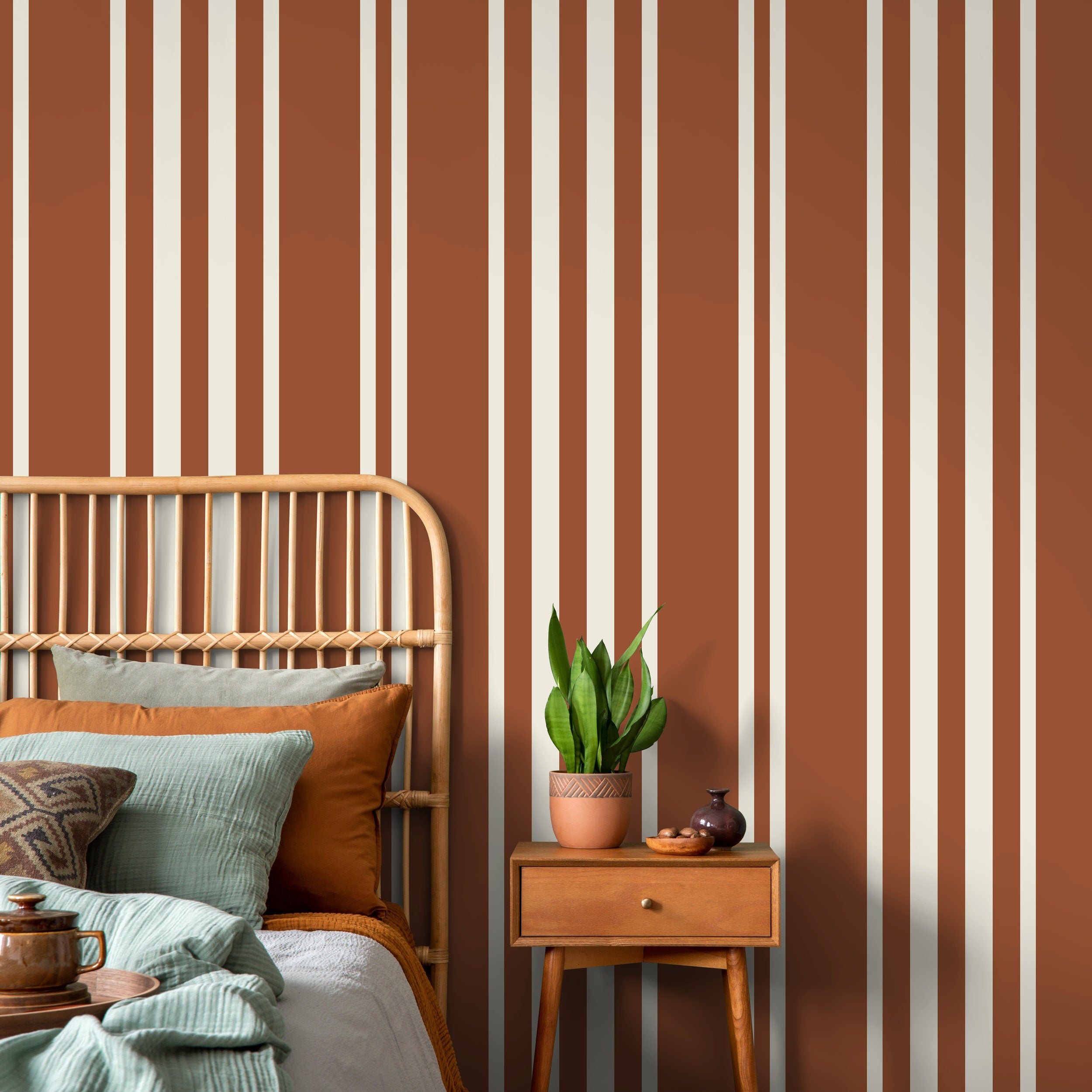 Striped Wallpaper With A Modern Vertical Pattern In Terracotta And Cream - D789