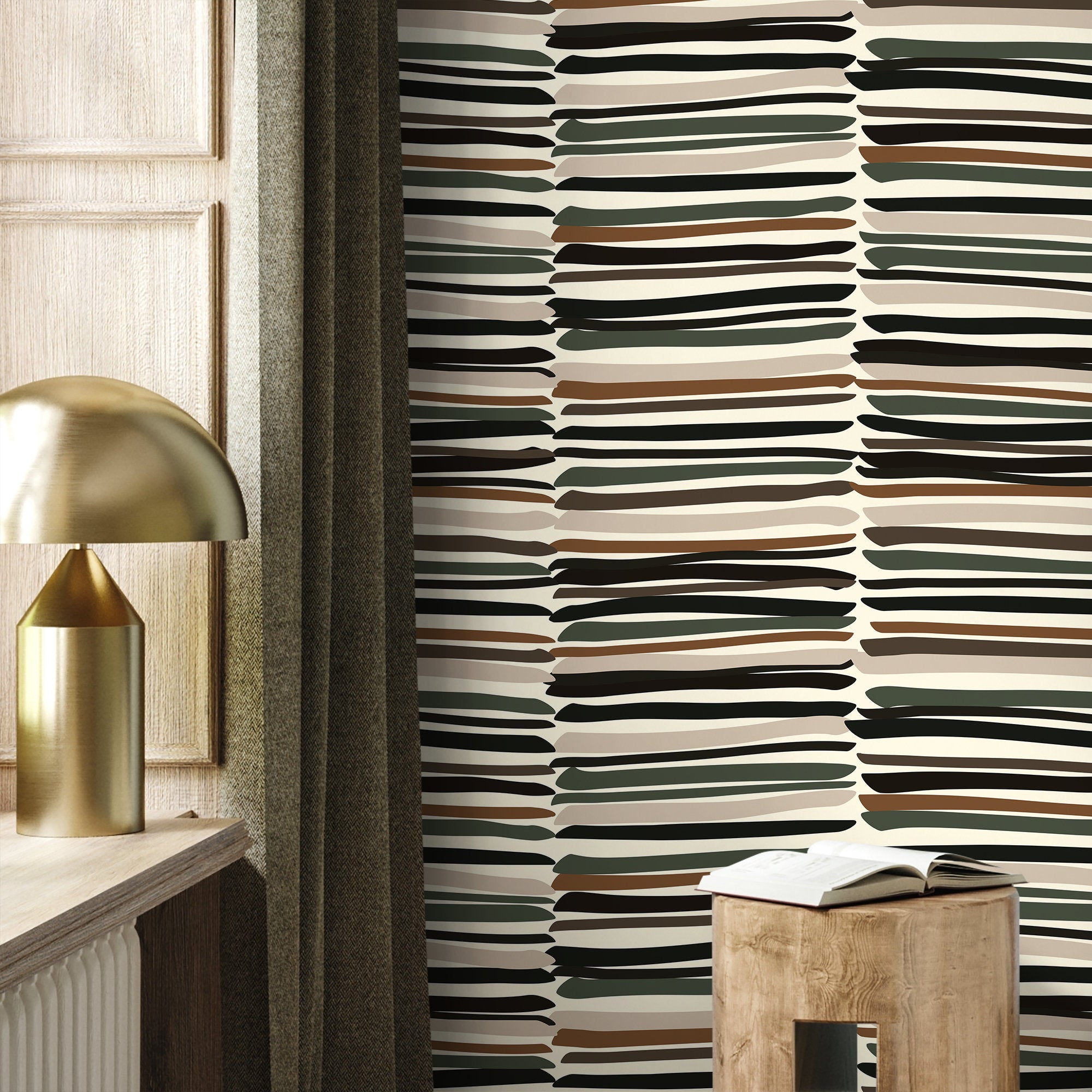 Abstract Wallpaper With Irregular Brushstroke Stripes In Black, Brown, And Green - D793