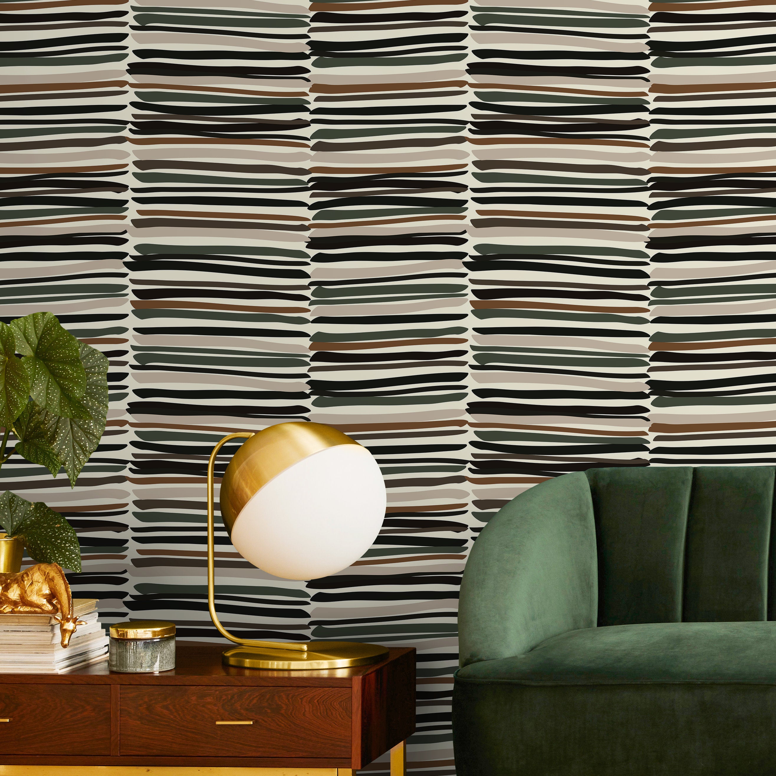 Abstract Wallpaper With Irregular Brushstroke Stripes In Black, Brown, And Green - D793