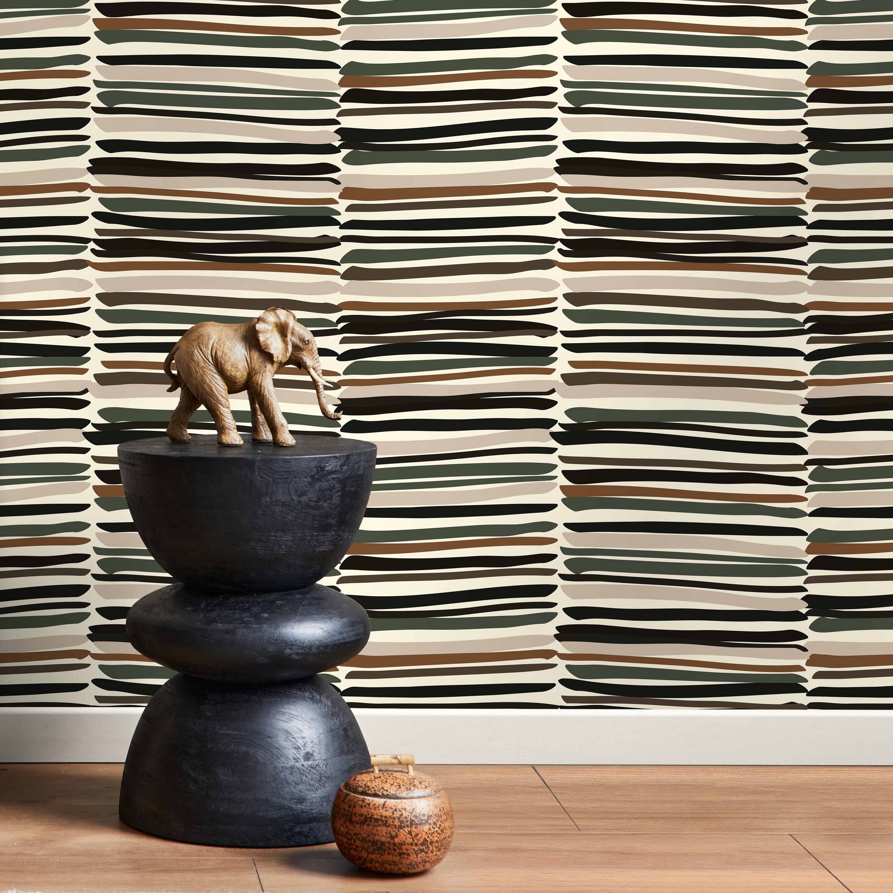Abstract Wallpaper With Irregular Brushstroke Stripes In Black, Brown, And Green - D793