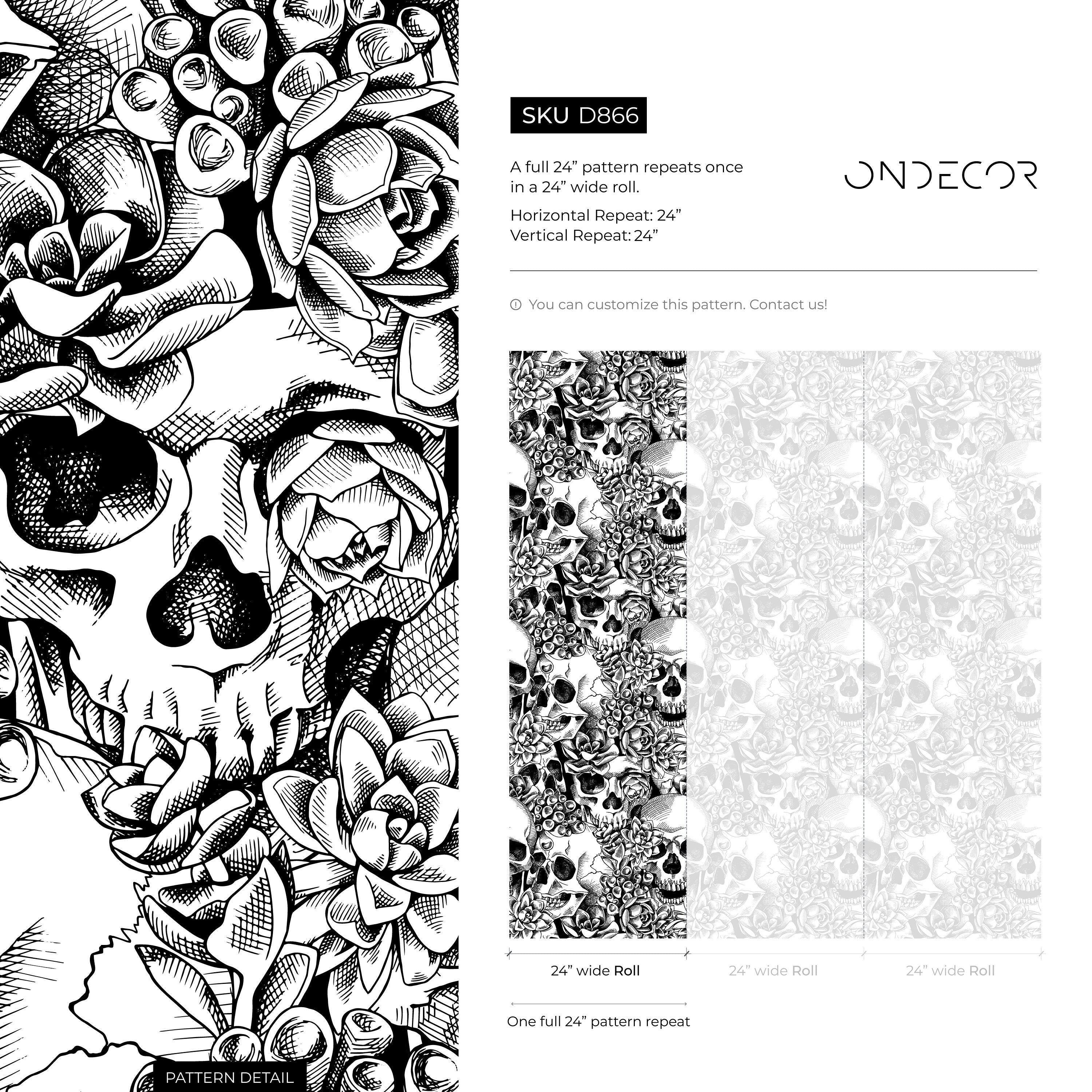 Gothic Wallpaper With Skulls And Succulents In Black And White - D866