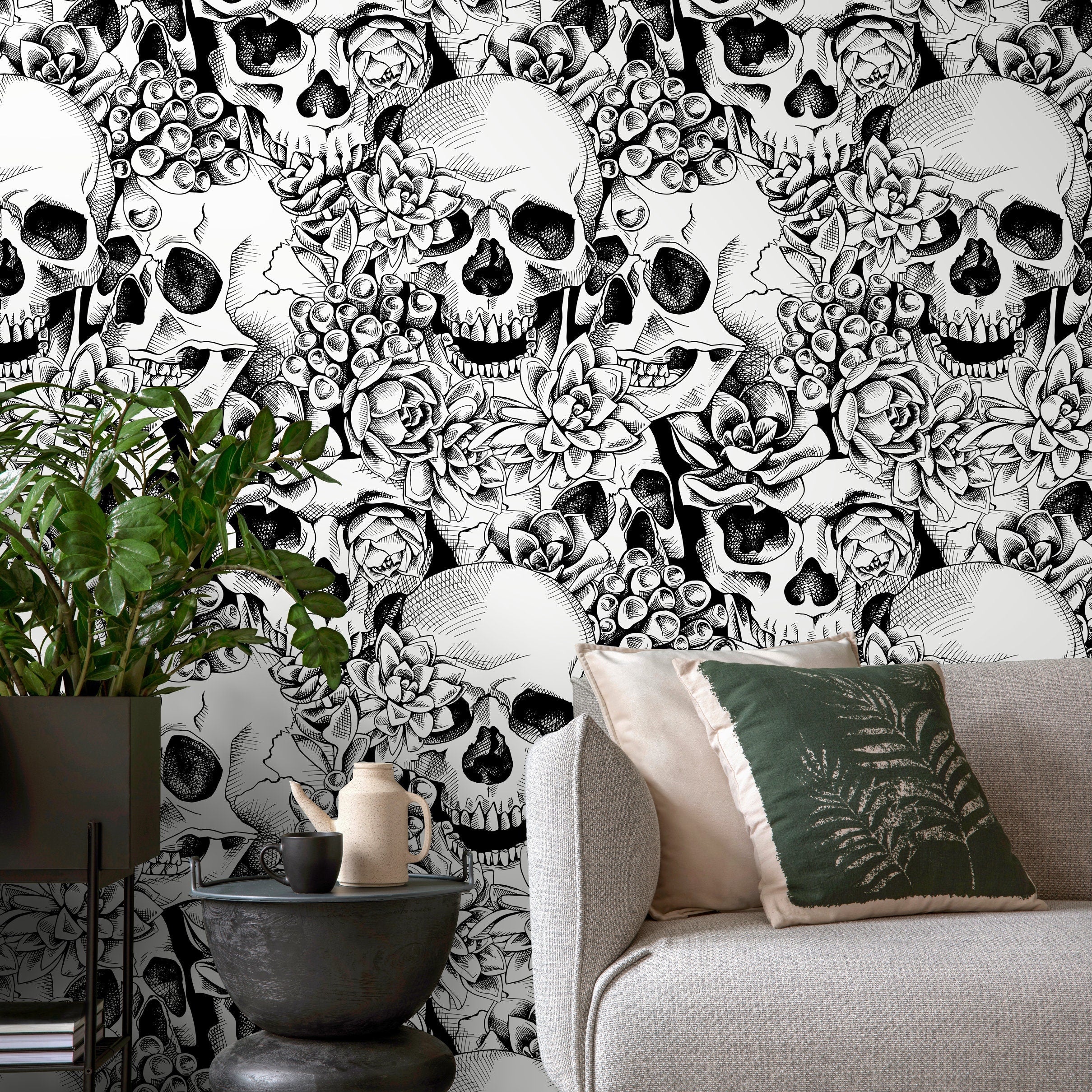 Gothic Wallpaper With Skulls And Succulents In Black And White - D866