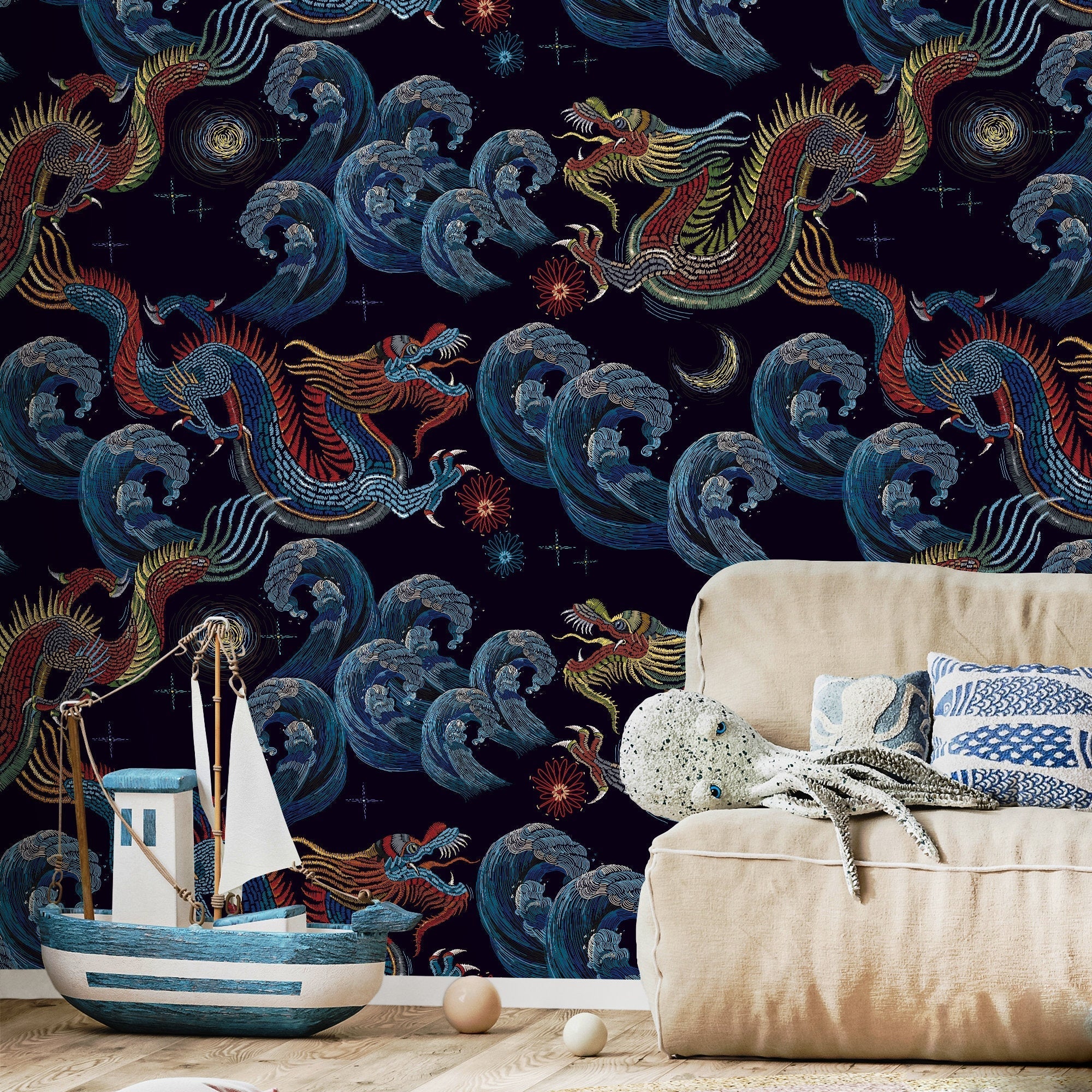 Chinoiserie Wallpaper With An Embroidered Dragon In Red, Blue, And Yellow - D875