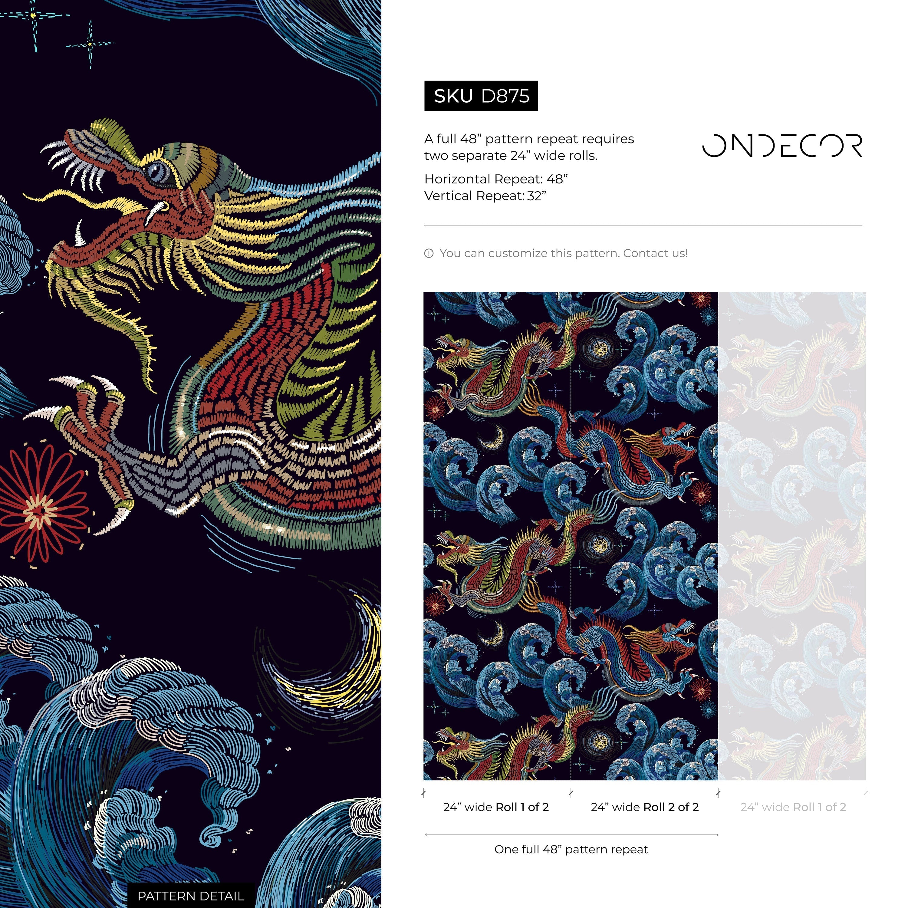 Chinoiserie Wallpaper With An Embroidered Dragon In Red, Blue, And Yellow - D875