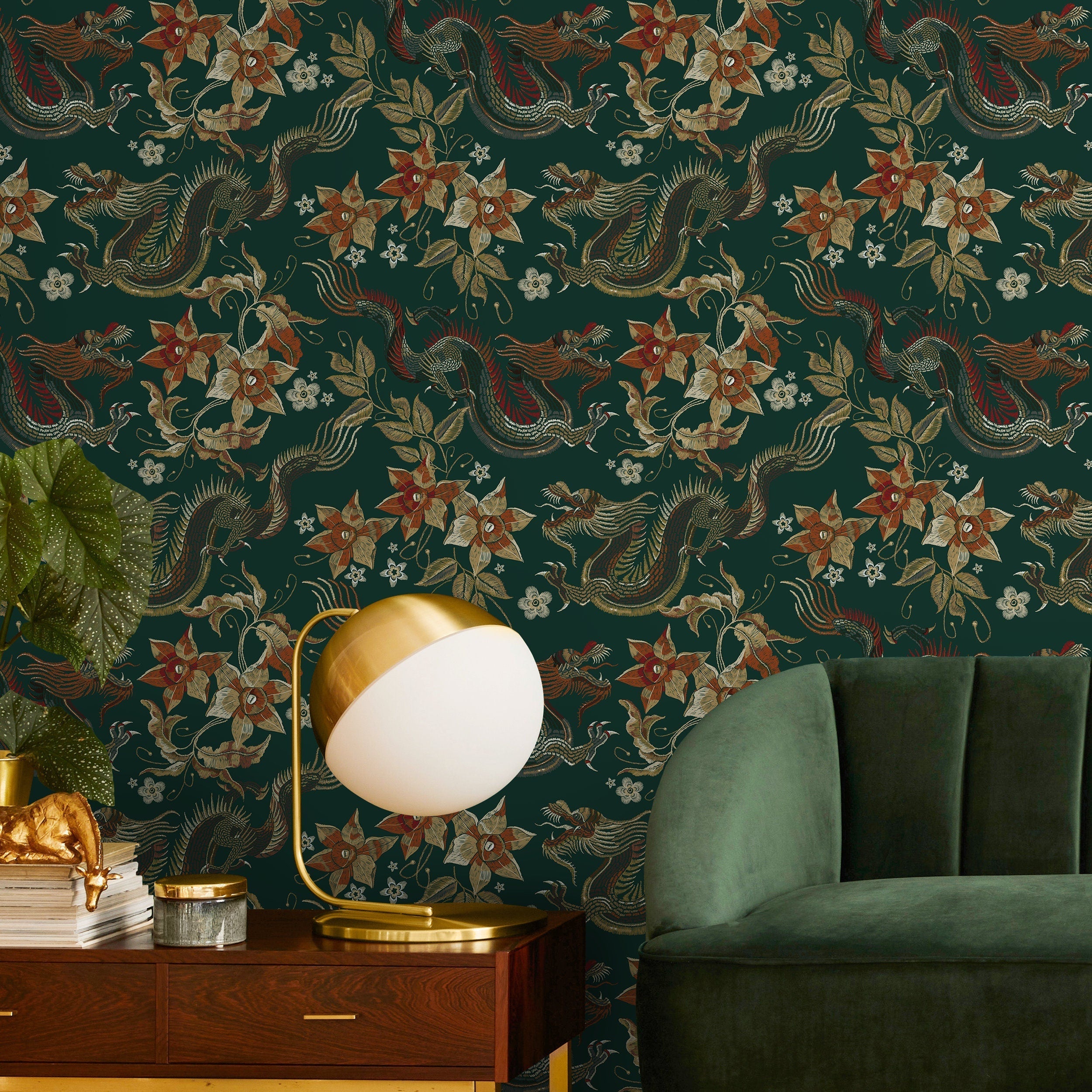 Chinoiserie Wallpaper With An Embroidered Dragon Motif In Green, Gold, And Orange - D873