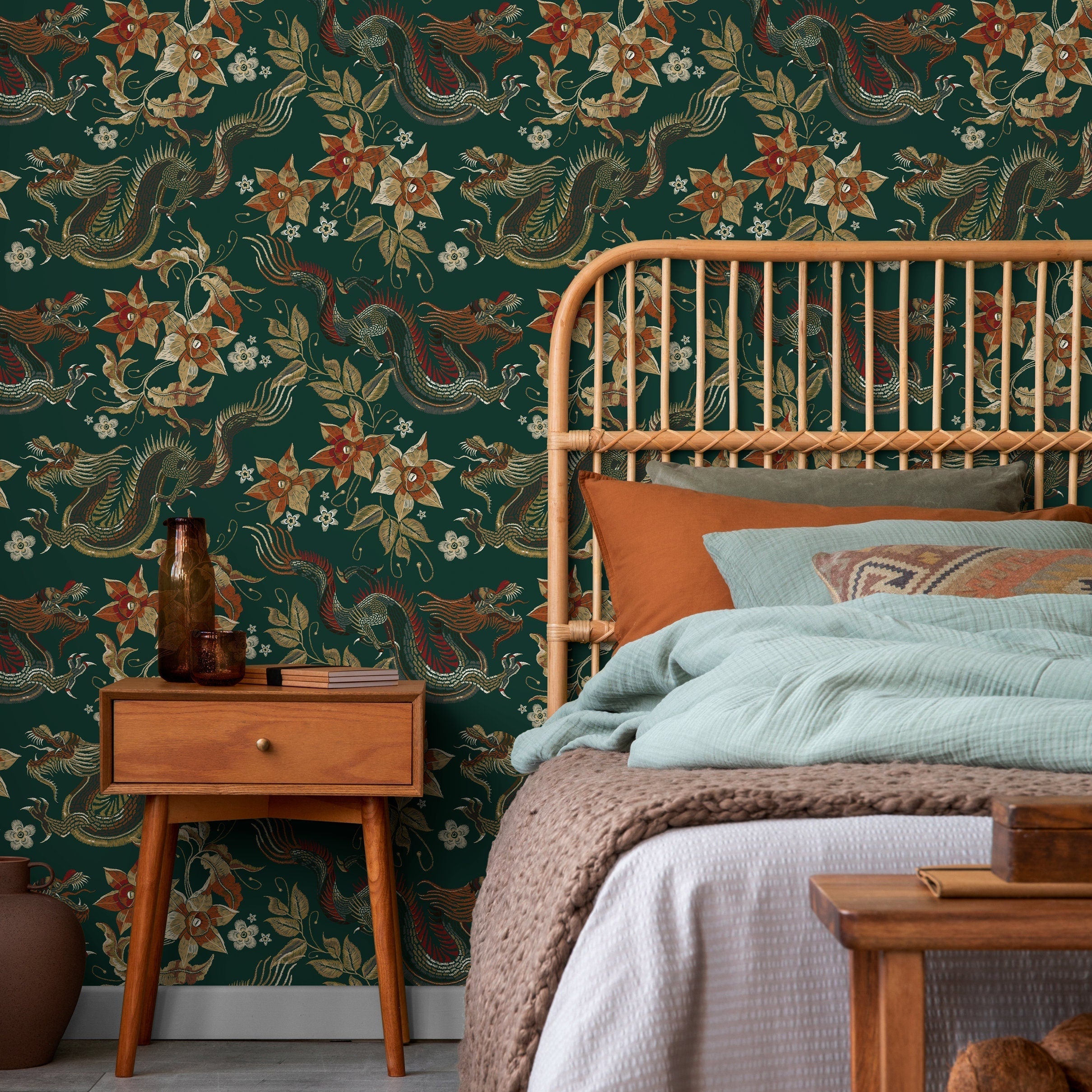 Chinoiserie Wallpaper With An Embroidered Dragon Motif In Green, Gold, And Orange - D873